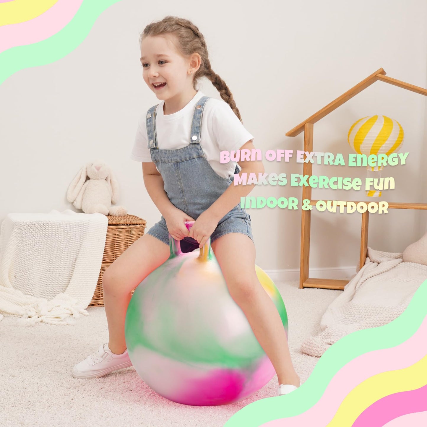 ZOOJOY Hopper Ball for Kids, 18 Inch Bouncy Ball with Handle, Inflatable Clouds Girl Toys for Indoor Outdoor Active Play with Pump, Balance Hopping Gifts for Boys Girls 3-8 Yr Old