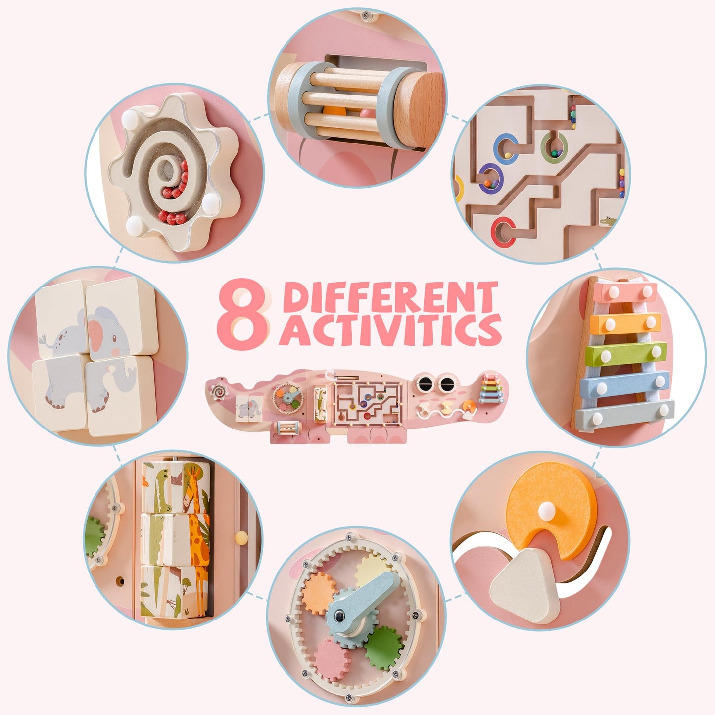 ROBOTIME Crocodile Busy Board Wall Panels for Toddlers, Pink Montessori Sensory Activity Board, Montessori Sensory Wall-Mounted Learning Center Toy for Kids Room, Educational Toys for Boys & Girls