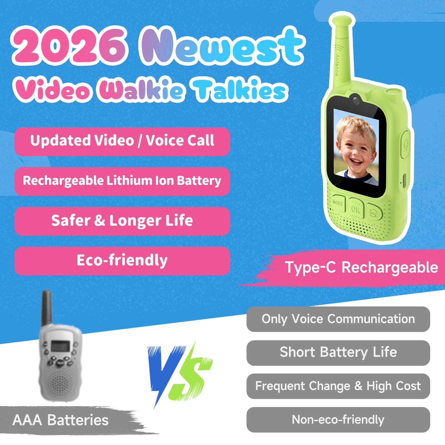 Kids Audio/Video Walkie Talkies, 2 Pack Rechargeable Walkie Talkies for Kids with 2’’ Screen & Camera & Voice Changer, Long Range Boys Girls Toys for Indoor Outdoor Camping Hiking Games (Green/Green)