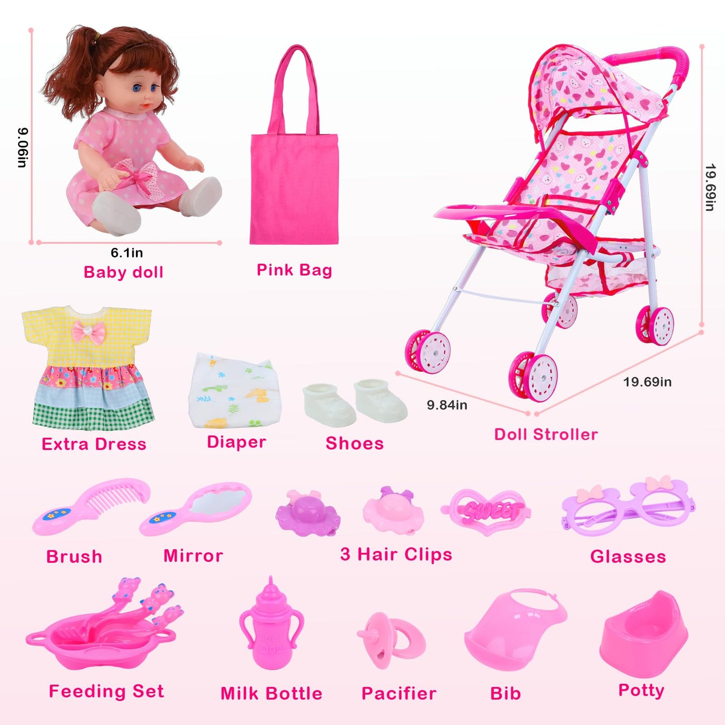 Learn2M Baby Doll Stroller Toy Set with Open & Close Eyes Interactive Doll (4 Sounds), Foldable Doll Stroller with Feeding Tray & Diaper Bag, 21 Pcs Accessories Pretend Play Toy for Toddlers 3-5