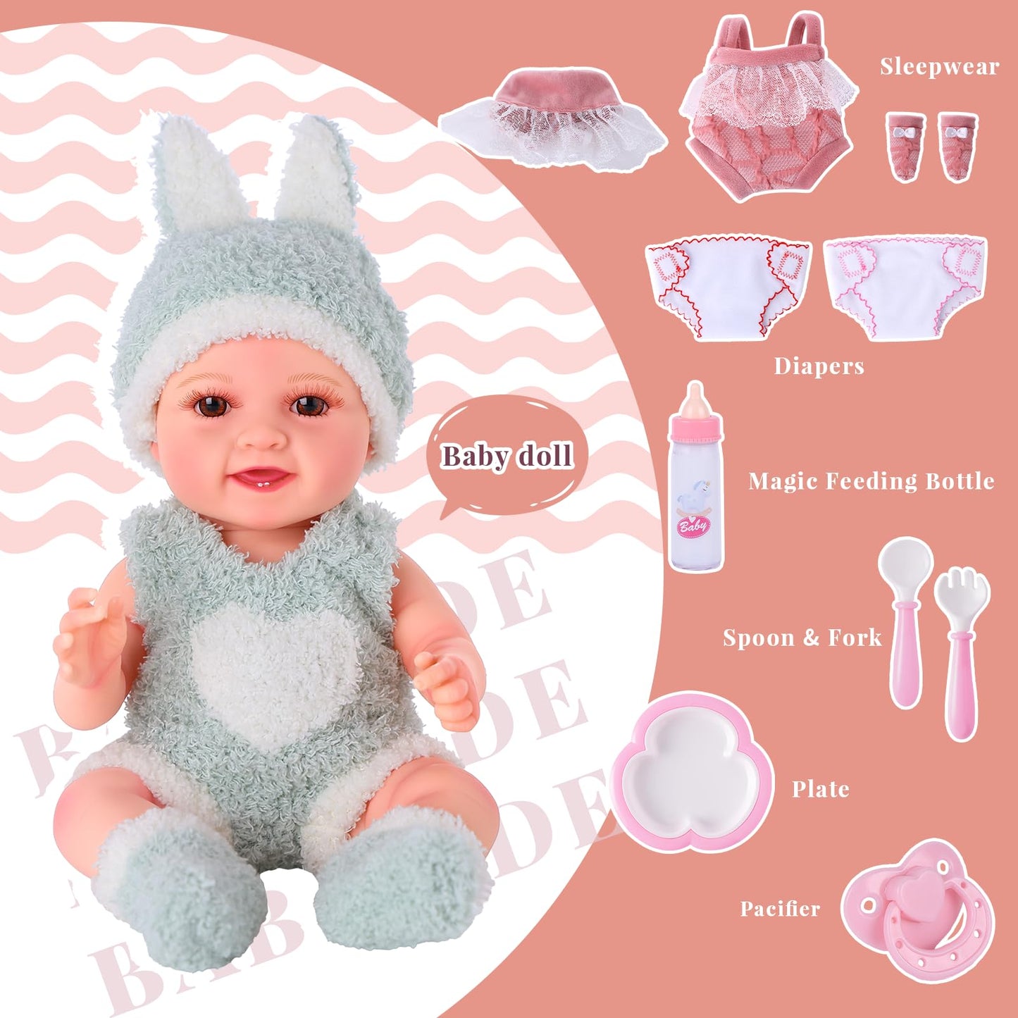 BABESIDE 9pcs Baby Doll Set - 12 Inch Cute Realistic Baby Doll with Includes Various Accessories for 3+ Year Old Girls – Perfect for Pretend Play & Gifts