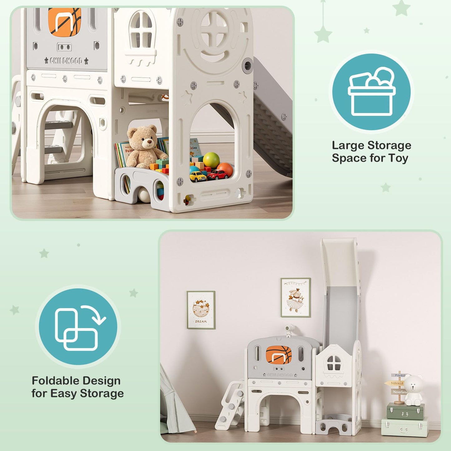 BIERUM 9 in 1 Toddler Slide Set - Baby Slide for Toddlers 1-3 with Ring Toss and Basketball Hoop, Indoor Outdoor Toddler Playset Playground Beige Gray