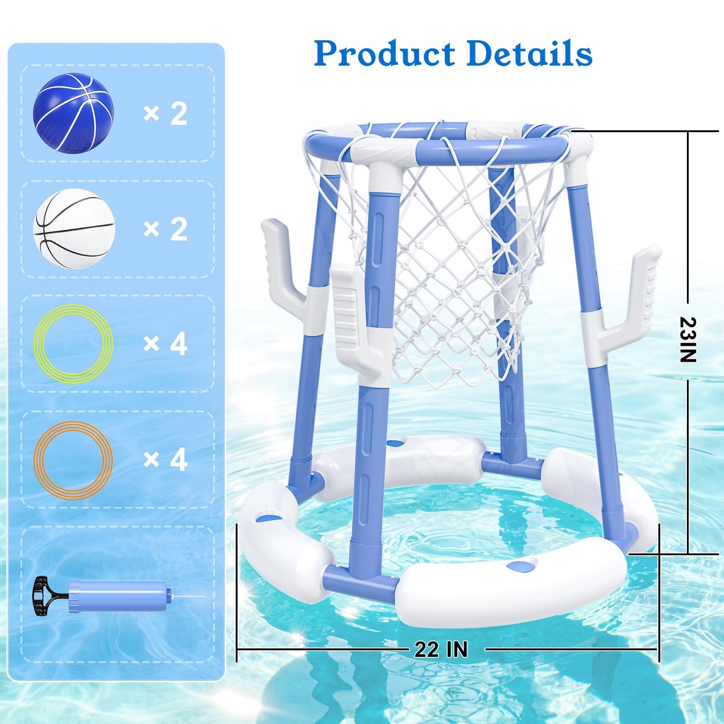 Pool Basketball Hoop&Ring Toss Game 2-in-1 Floating Pool Toy with 4 Balls 8 Rings&Pump,Outdoor Swimming Basketball Party Games Water Play Toy Anti-Tip Stable Base Summer Gift for Kid 4-8 8-12& Adult