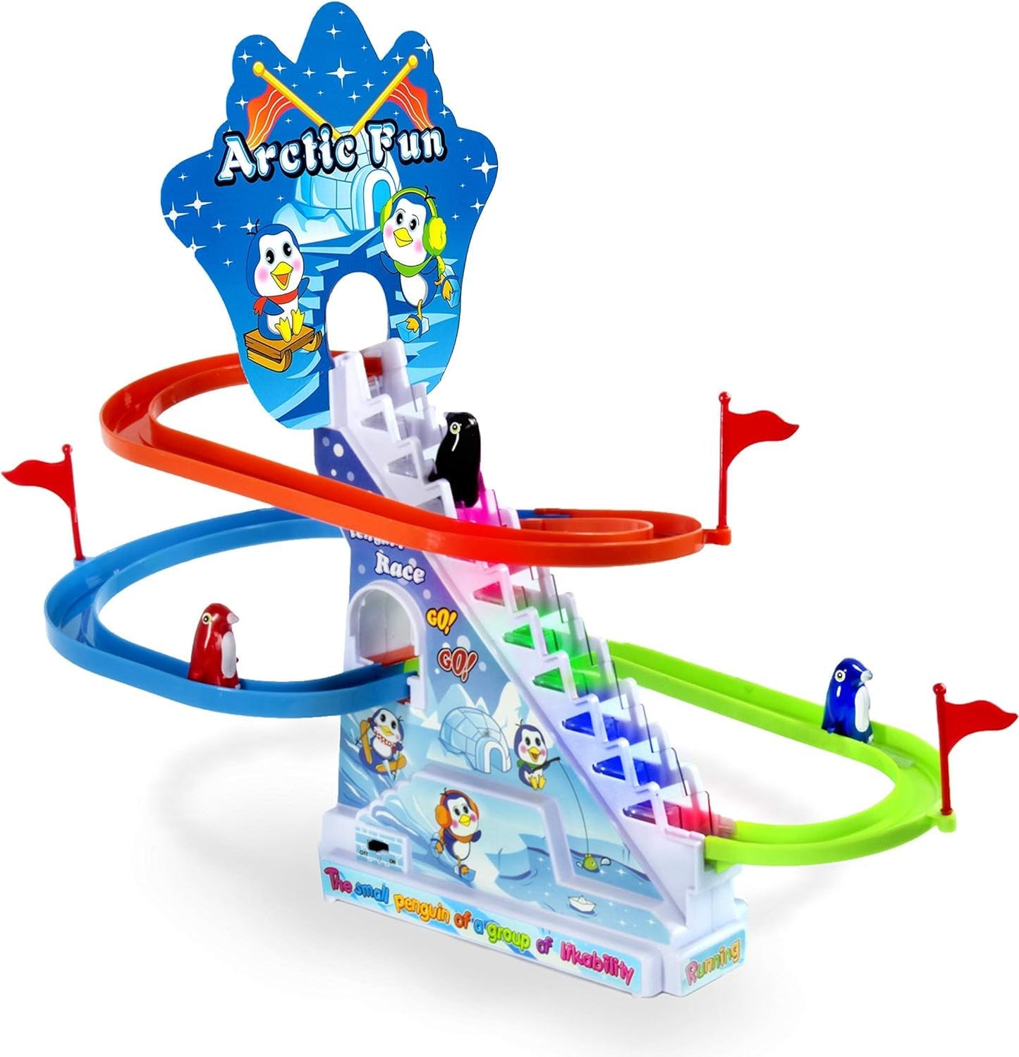 Arctic Fun Penguin Slide Toy Set: Playful Stair Climbing Penguins with Sliding Tracks, Music On/Off Switch for Quiet Play | Interactive Penguin Toy for Kids Toddlers Boys & Girls