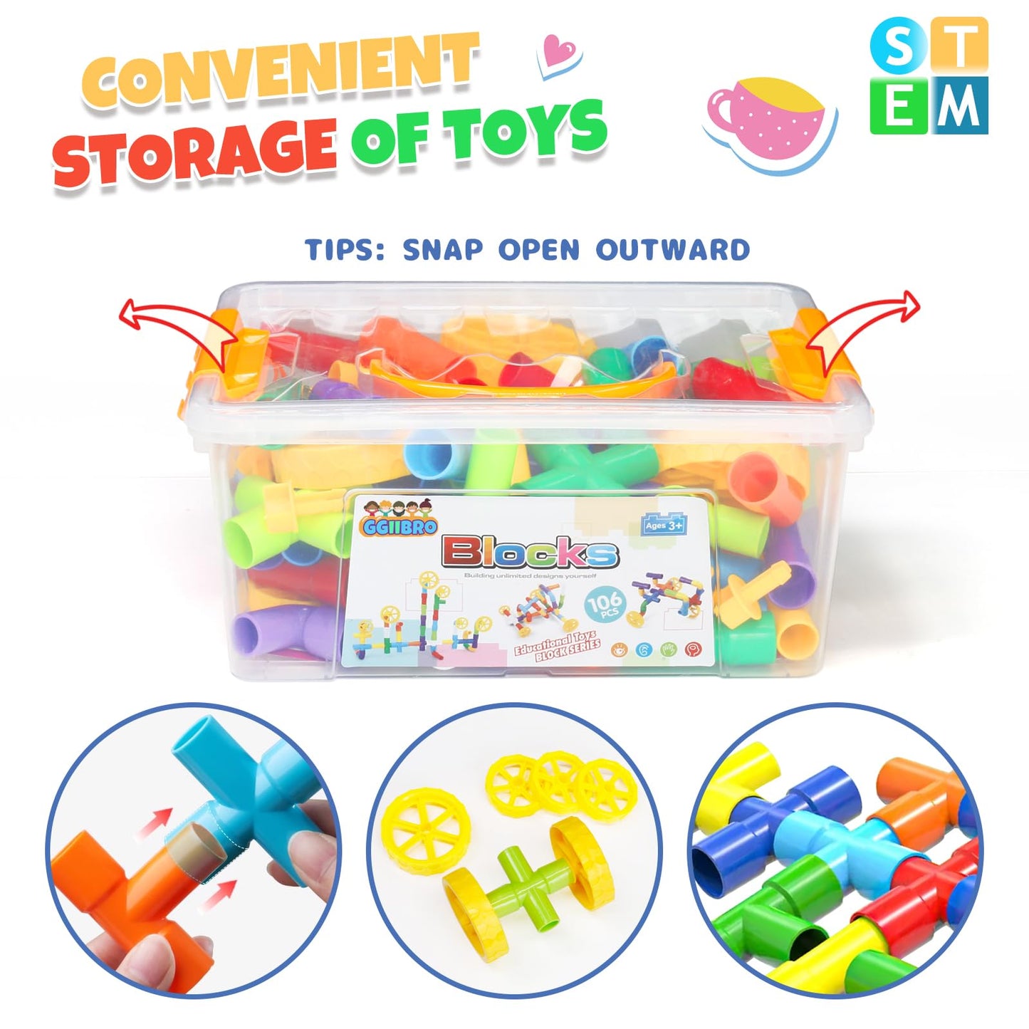 Ggiibro STEM Building Toy for Toddlers 106Pieces Tube Pipe Toy,Educational Preschool Game for 3+ Years,Learning Building Blocks Play with Storage Box Gift Kit,Montessori Toys for Boys & Girls