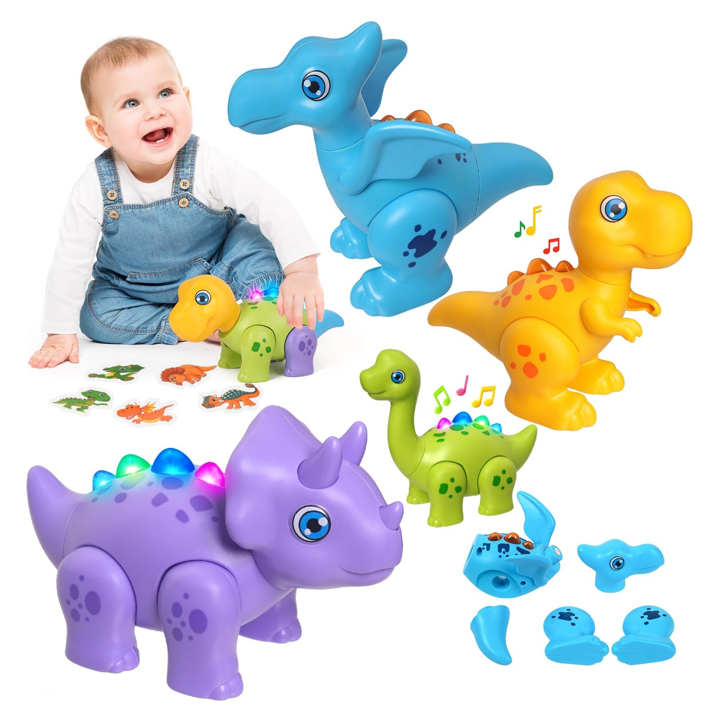 HOPANDOS Magnetic Dinosaur Toy Set for Kids - Assembly Dino Toys with Light & Music, Take Apart Building Set for Toddlers 3-5, Sensory STEM Educational Baby Toy, Birthday Gift for Boys Girls 1-3