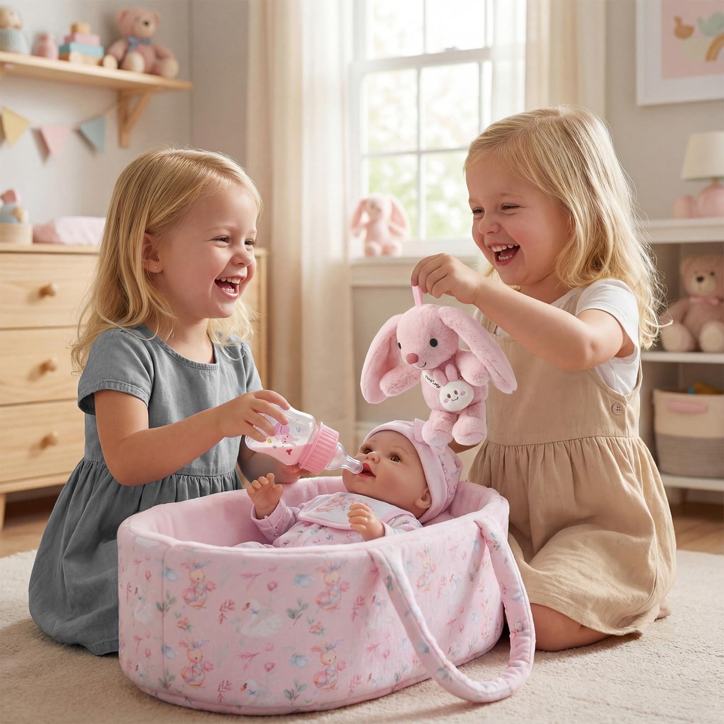 BABESIDE 8 Pcs Baby Doll Clothes Set with Bassinet for 12-15 Inch Dolls, Cute Bunny Baby Doll Clothes and Accessories Toy, Feeding Bottle – Babydoll Accessories for Gilrs