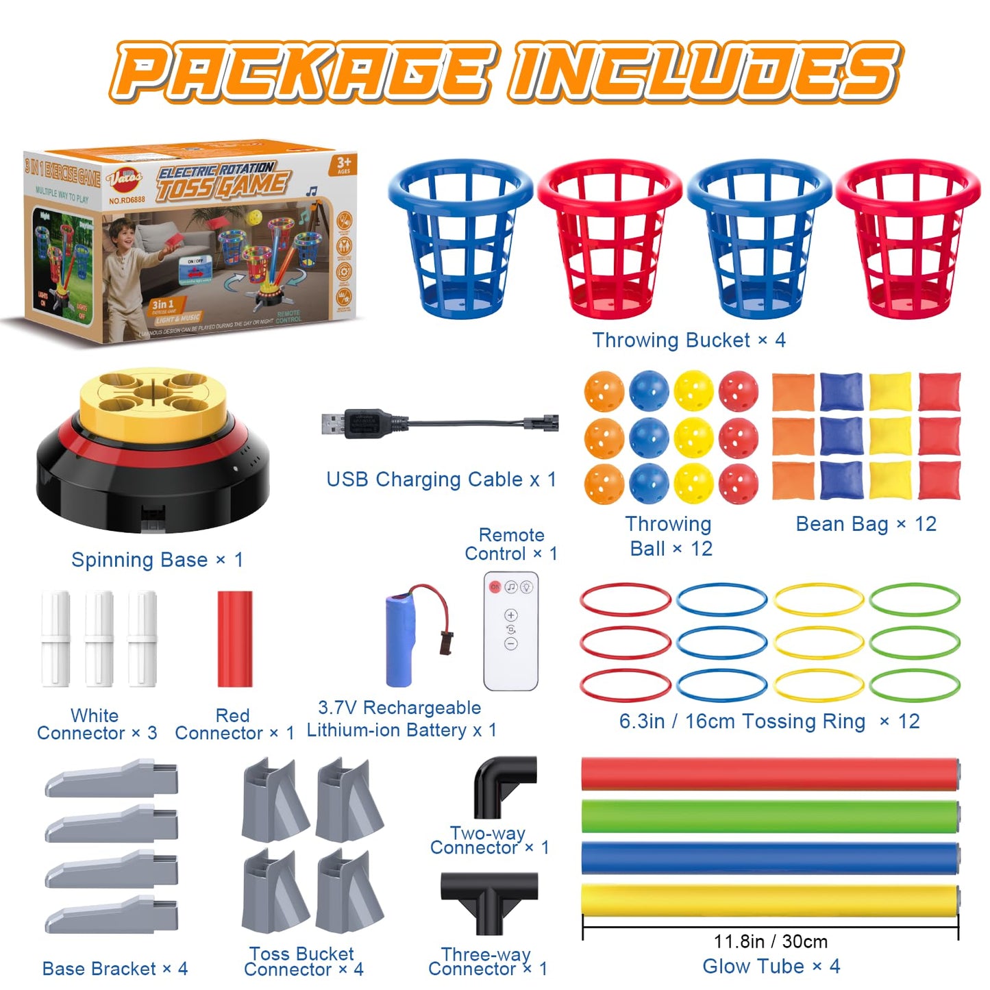 VATOS 3 in 1 Bean Bag & Ring Toss Game, Musical Jumping for Kids, Electric Spinning Base with Remote, Lights, 12 Sandbags, 12 Tossing Rings, 12 Balls, Indoor Outdoor Backyard Sport Toy for Boy Girl 3+