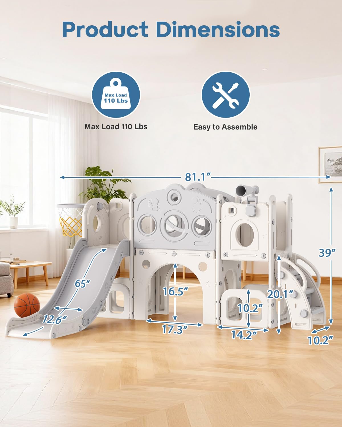 Babytronic Toddler Slide Set, 8 in 1 Kids Slide with Climber, Indoor Outdoor Slide for Toddlers Age 1-3, Toddler Playset with Basketball Hoop and Tunnel, Toddler Indoor Outdoor Playground (White&Gray)