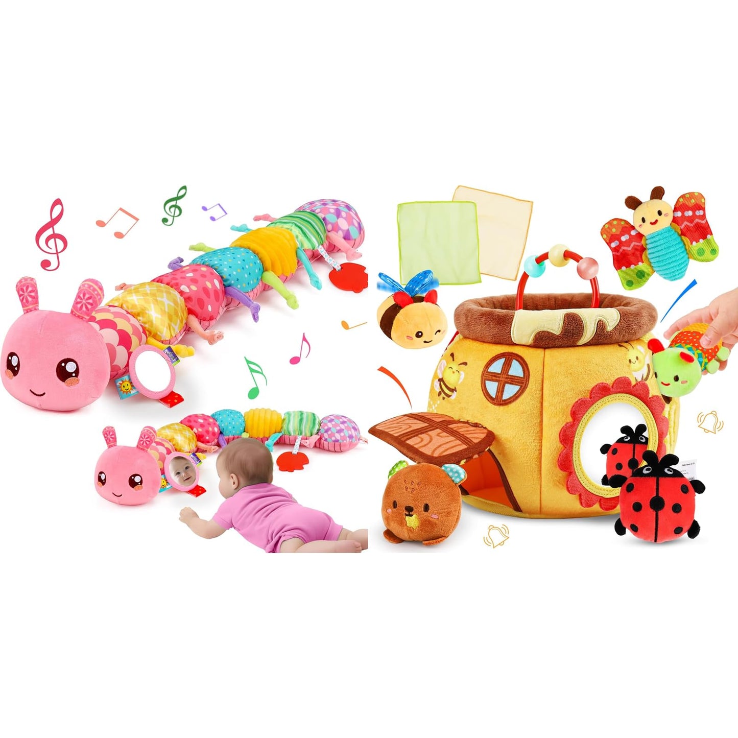 Thremhoo Baby Girls Toys 0-6 Month Music Animal Stuffed Caterpillar Toy & Soft Beehive with 5 Stuffed Animals, Rattle, Crinkle, Mirror, Montessori Sensory Toys