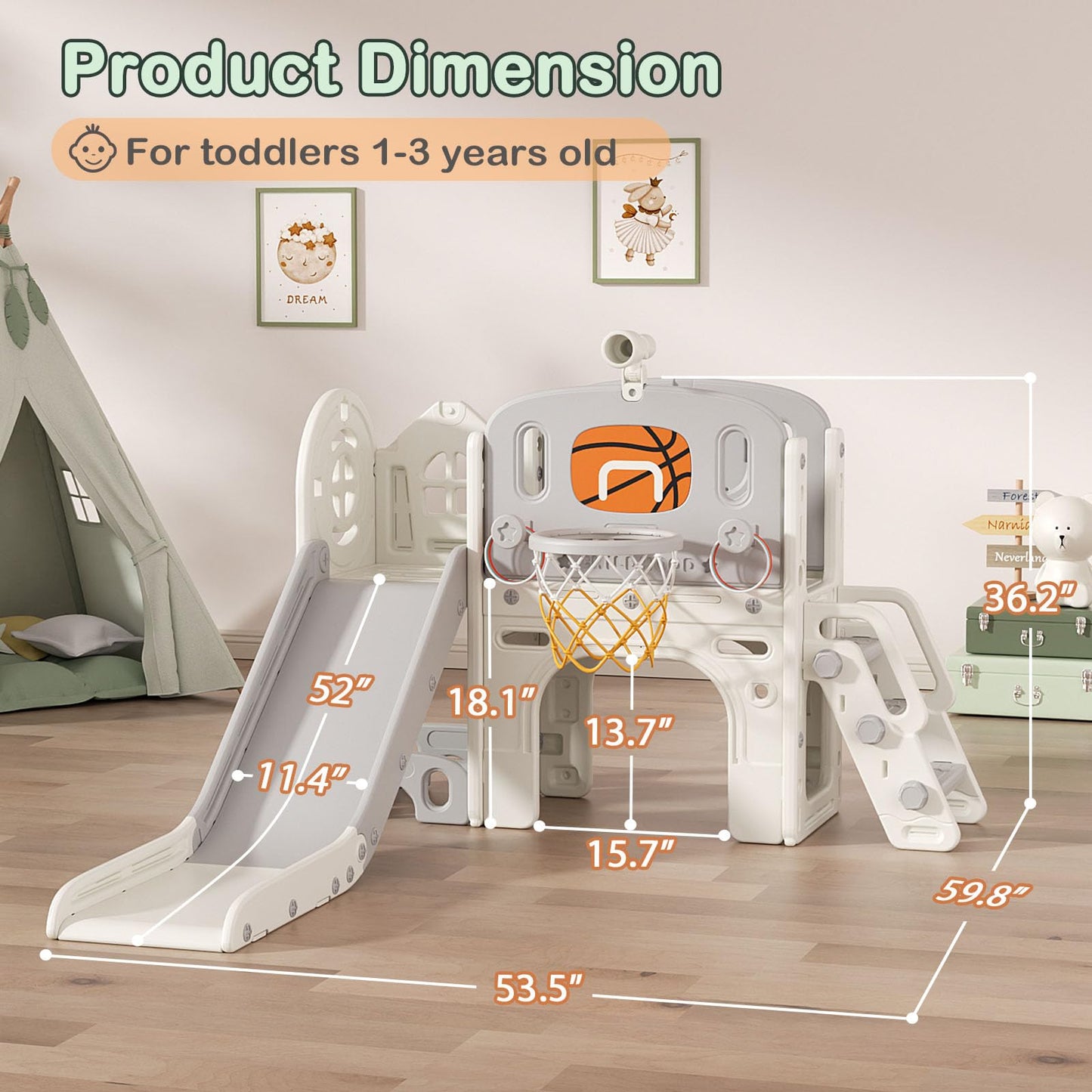 BIERUM 9 in 1 Toddler Slide Set - Baby Slide for Toddlers 1-3 with Ring Toss and Basketball Hoop, Indoor Outdoor Toddler Playset Playground Beige Gray