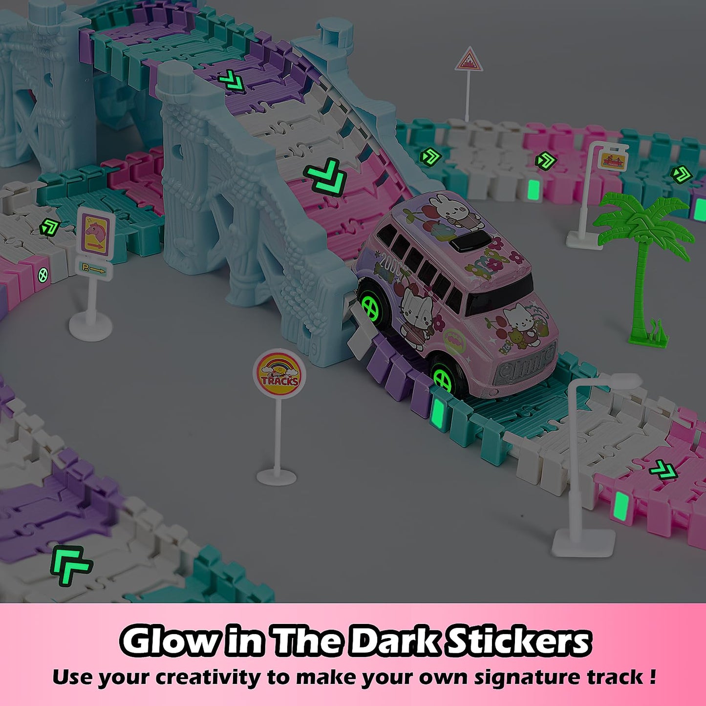 215 PCS Unicorn Race Tracks for Kids Toys, Glow in The Dark Magic Toy Set with 360° Loop Ramp, 1 Unicorn Car Track, Flexible DIY Track Set, Birthday Gift for 3-9 Year Old Boys Girls Toddlers