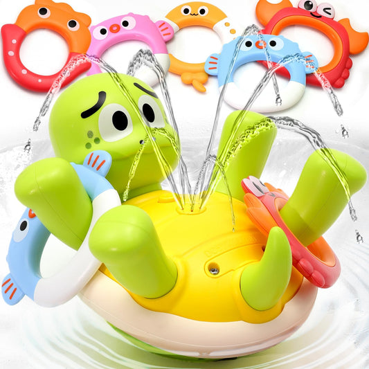 Sizobi Baby Bath Toys, Rechargeable Turtle Bath Toy Sprinkler for Toddler with 5 Rings, Bathtub Fountain Spray Toy,Pool Water Bath Toys for Kids Ages 1-3, Boys Outdoor Water Table Toy Birthday Gifts