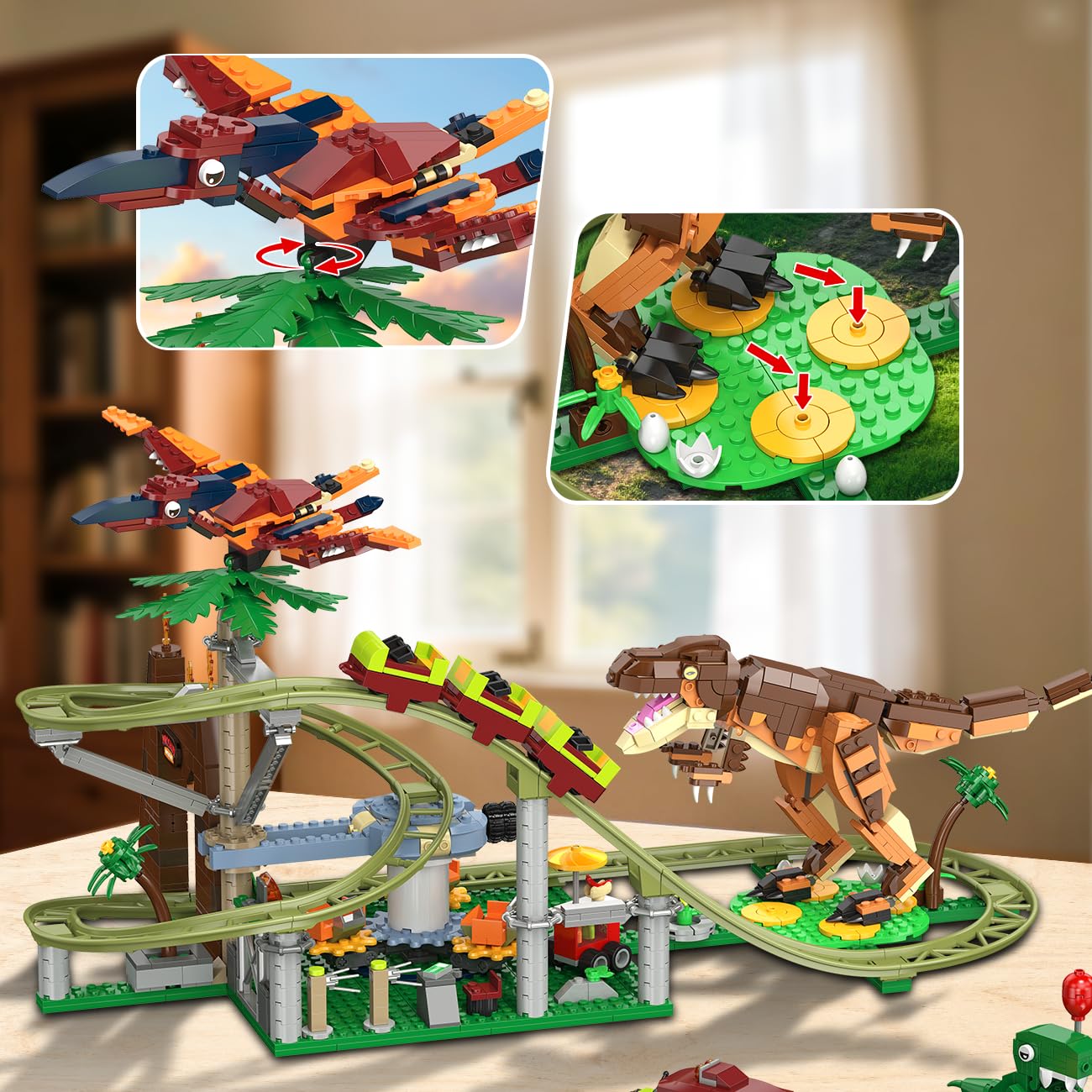 HOGOKIDS Dinosaur Roller Coaster Building Set - 1222 PCS Roller Coaster Building Toy with 4 Dinosaur, Off-Road Vehicle, Food Cart, Dinosaur Models Playset, Gifts for Adults Girls Boys Ages 8-12 Years