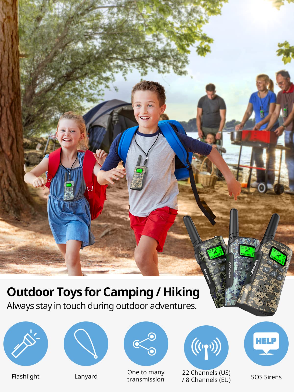 Inspireyes Walkie Talkies for Kids, Rechargeable Long Range 3 Pack, Camouflage Kids Toys for Boys Girls Ages 3-12, 2 Way Radio Toy, Outdoor Adventure Toys, Camping Hiking Gear, Birthday Gifts for Kids