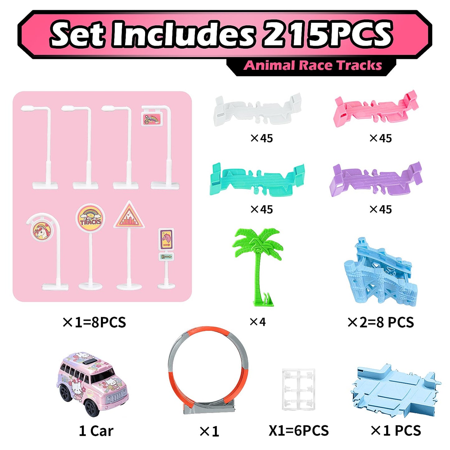 215 PCS Unicorn Race Tracks for Kids Toys, Glow in The Dark Magic Toy Set with 360° Loop Ramp, 1 Unicorn Car Track, Flexible DIY Track Set, Birthday Gift for 3-9 Year Old Boys Girls Toddlers