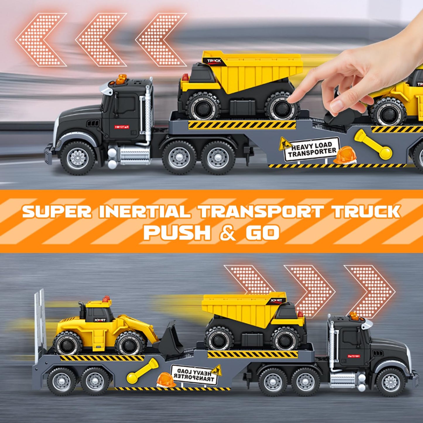Construction Carrier Truck Toys,21" Semi-Trailer Toy with Excavator and Dump Toddler Boy Toys for 3 4 5 6 7 Years Kids Friction Powered Vehicle Car Toy with Lights & Sounds, Birthday for Boys Girls