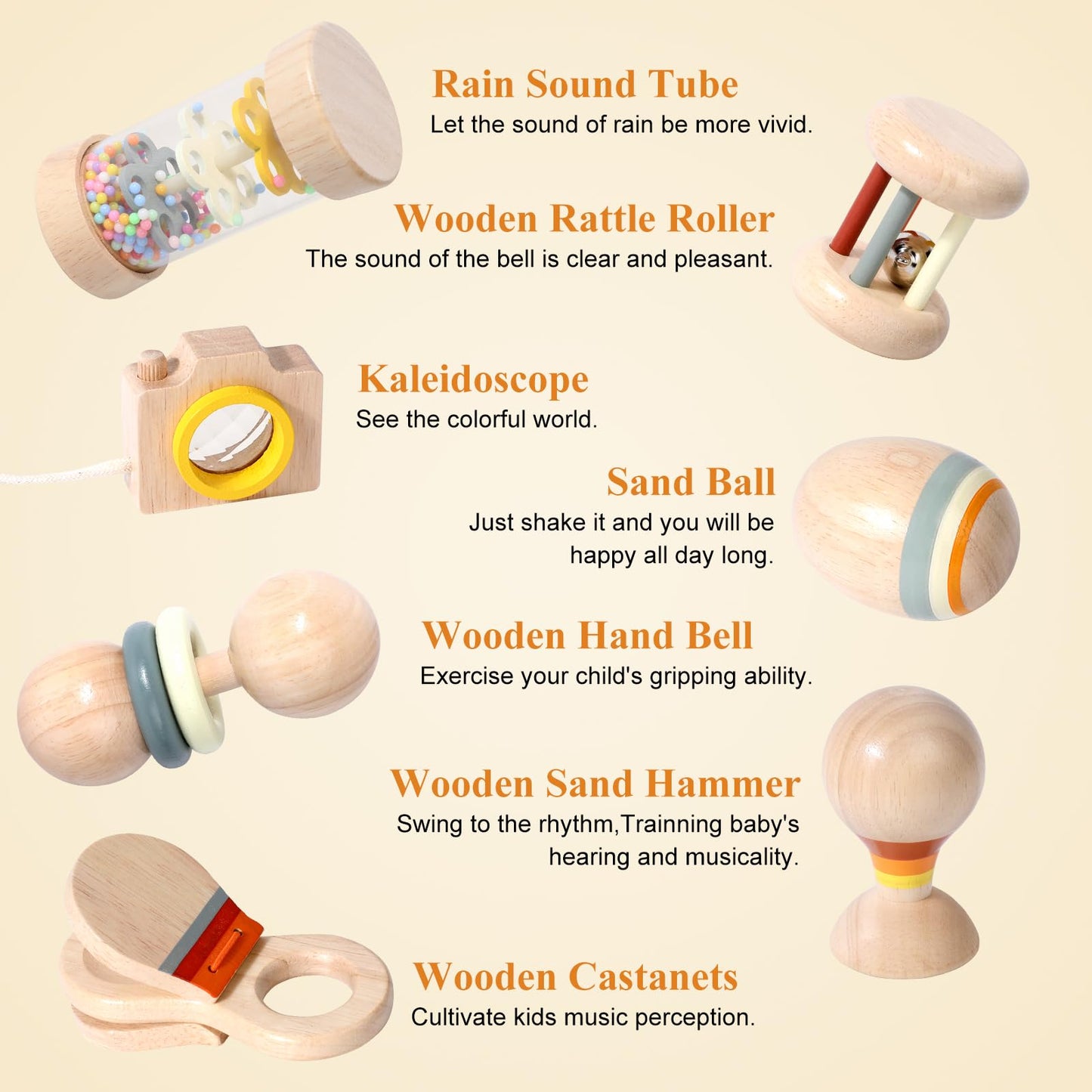 WODI Wooden Baby Toy 7pcs, Montessori Toys for Babies 0-3-6-12 Months, Toddler Hand Wooden Rattles Toy Set for Infant Grasping with Storage Bag, Sensory Development, Gift for Baby Boys Girls
