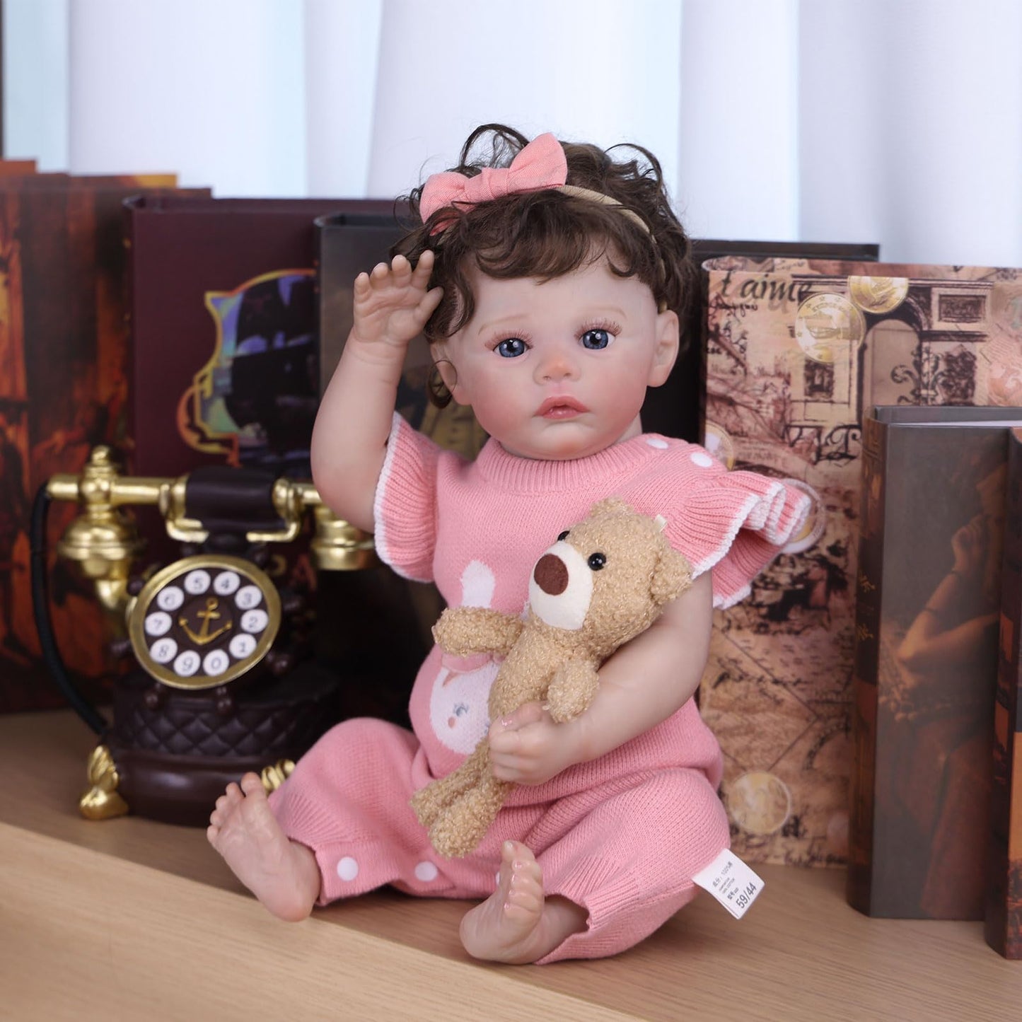 Tookyhill 16 Inch Lifelike Reborn Baby Doll, Full Vinyl Body, Poseable Limbs, Pink Knit Outfit & Plush Bear Toy, Realistic Newborn Doll Gift for Toddler Girls Age 3+ (Brown Bear)