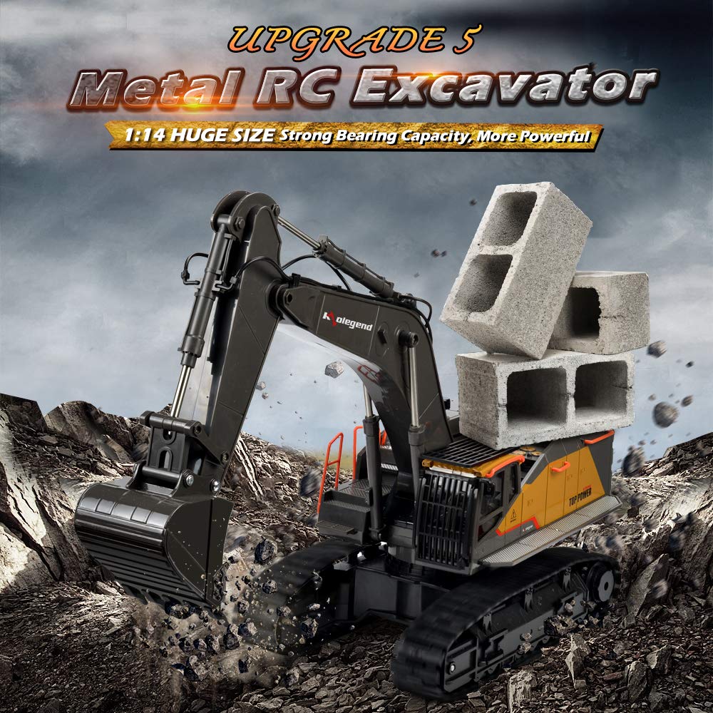 kolegend Remote Control Excavator Toy 1/14 Scale RC Excavator, 22 Channel Upgrade Full Functional Construction Vehicles Rechargeable RC Truck with Metal Shovel and Lights Sounds