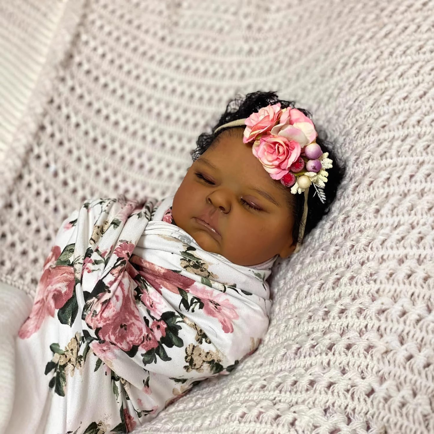 Ardol 19 Inch African American Realistic Baby Doll Lifelike Reborn Baby Girl Dolls- Vinyl Full Body Sleeping Rooted Curly Hair Floral Headband Gift Set for Kids Age 3+