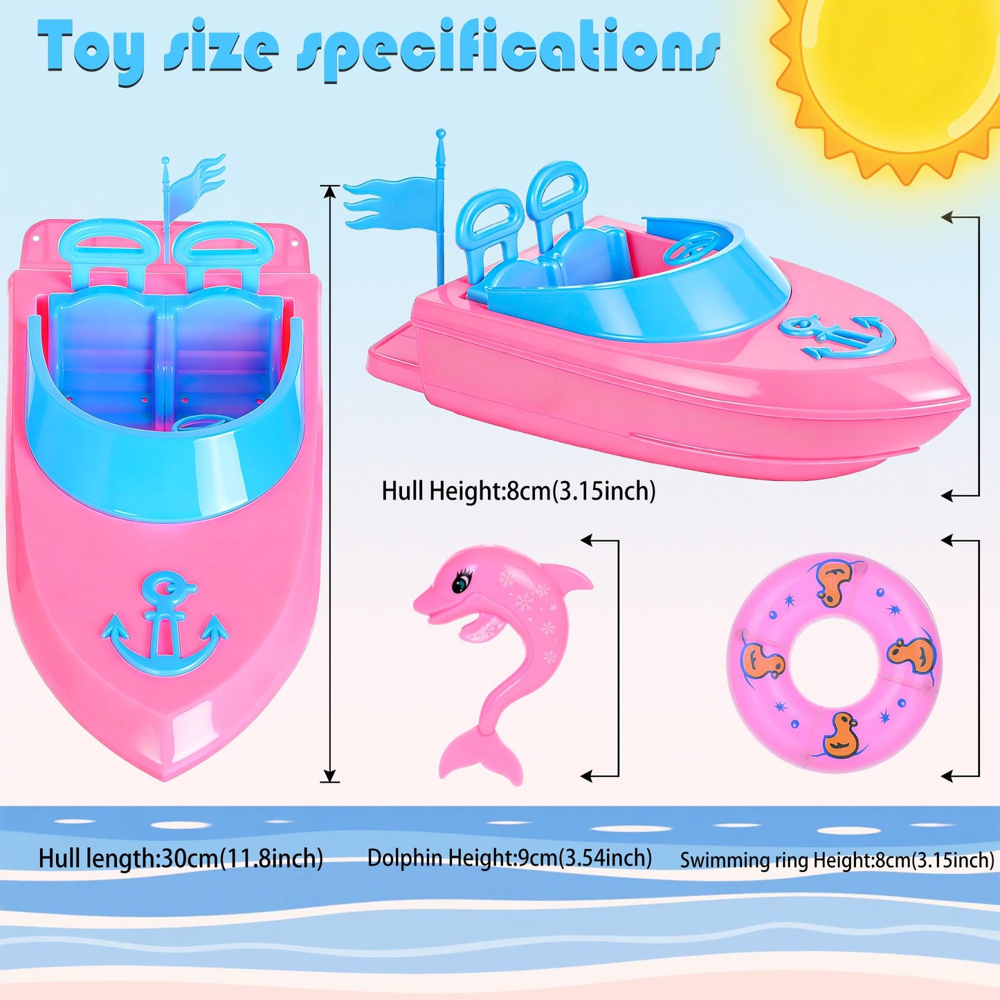 dollbie Fashion Dolls and Boat Playset - 11.5 Inch Dolls with Swimwear, Life Vests, Accessories, 5.5 Inch Doll, Pet Puppy and Dolphin Toy - Summer Beach Adventure Gift Set for Girls