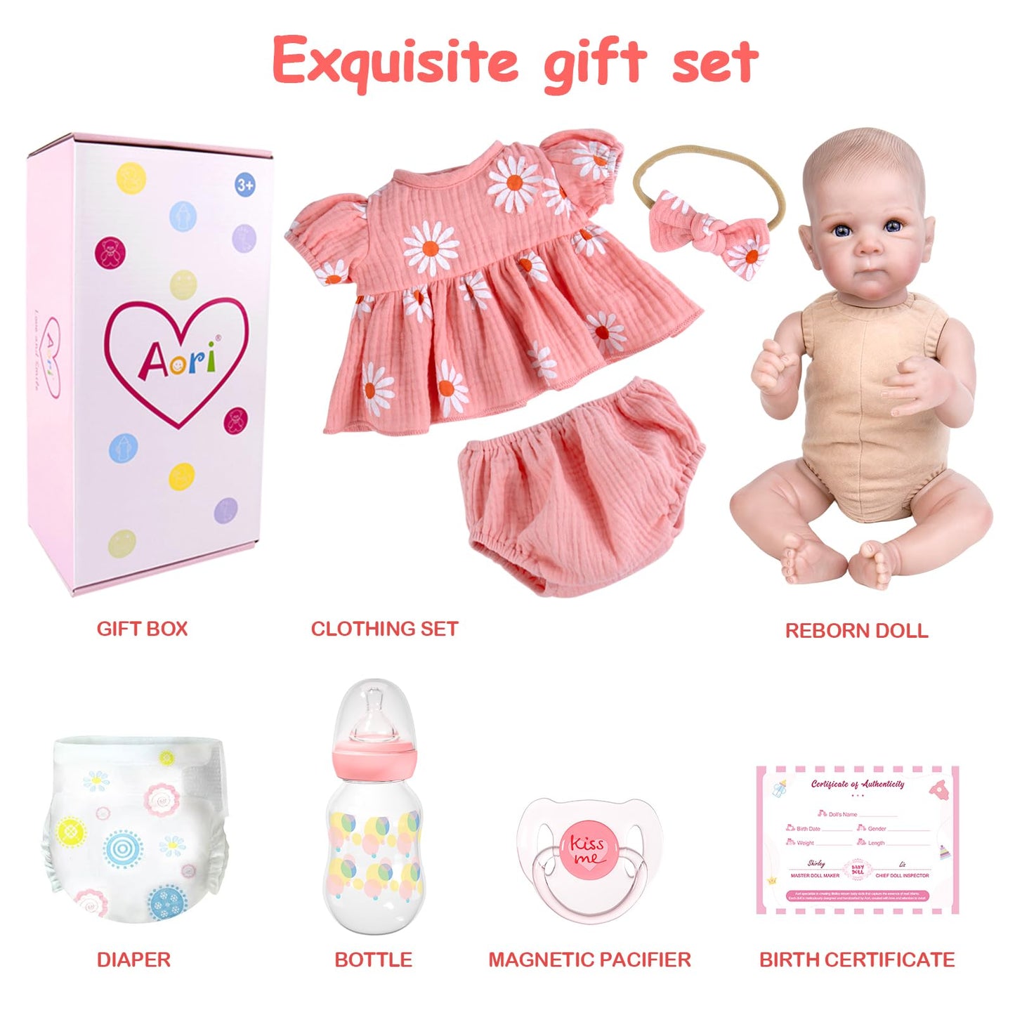 Aori Lifelike Reborn Baby Dolls Girl 20 inches - Realistic Newborn Doll with Soft Cloth Body and Feeding Toy Set, Gift for Seniors, Collectors and Kids 3+