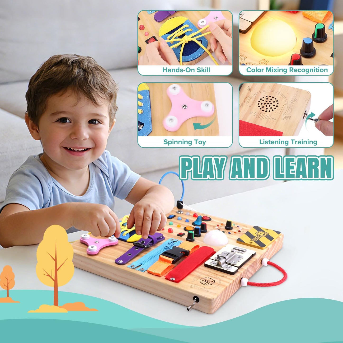 Busy Board 23 in 1 Montessori Toy for Toddlers Age 1 to 3 Wooden Educational Learning Toy with 15 Switches 26 LED Lights Music Box Lock Zipper Sensory Toy for Soothing Infants