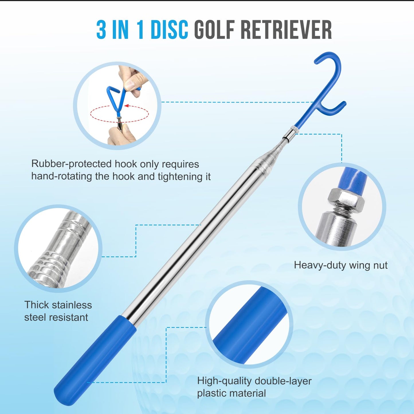Acebirdie Disc Golf Retriever Pole 16 Feet, Telescopic Discs Retriever with Durable Stainless Steel Frame and Carry Bag - Extendable Golf Accessories Grabber to Retrieve Discs in Water, Trees, Bushes