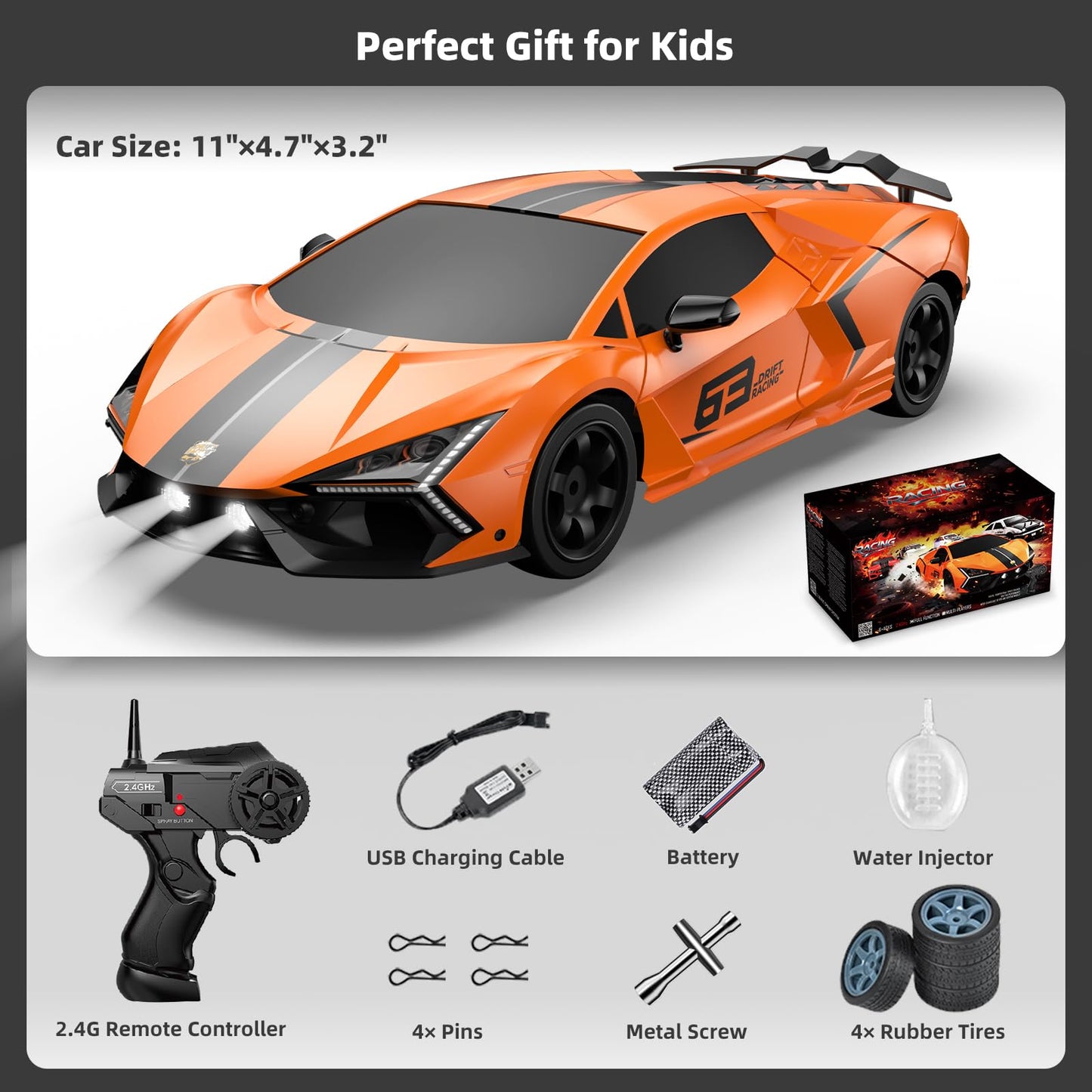 Sakeye RC Drift Car 2.4GHz, Drifting RC Cars 1/24 4WD Drift Car Fast Remote Control Vehicle with LED Lights Rechargeable Battery and Drifting Tires Racing Sport Toy Cars for Adults Boys Girls Kids