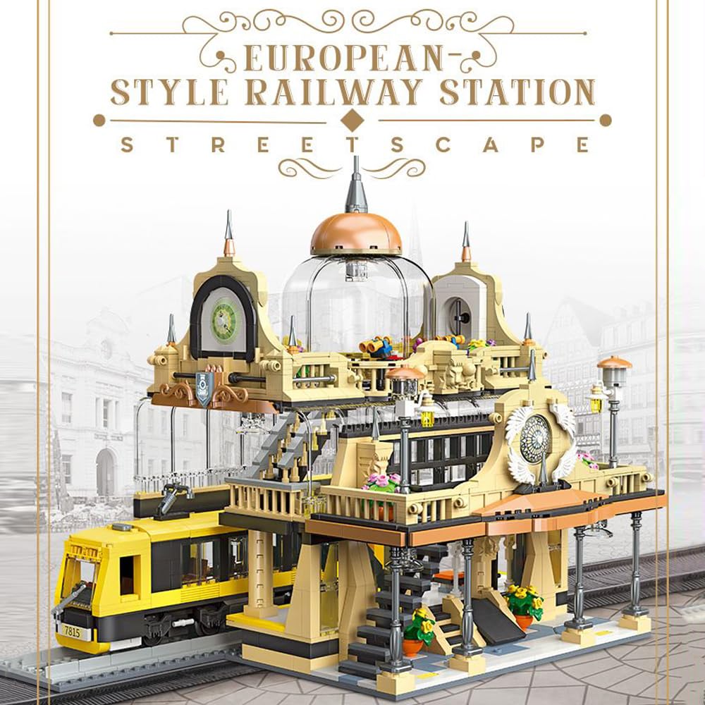 Wyiauy European Style Railway Station Architecture Building Set,Steampunk Railway Station with LED Light Building-Bricks Set 1945 Pieces for Adults and Teens