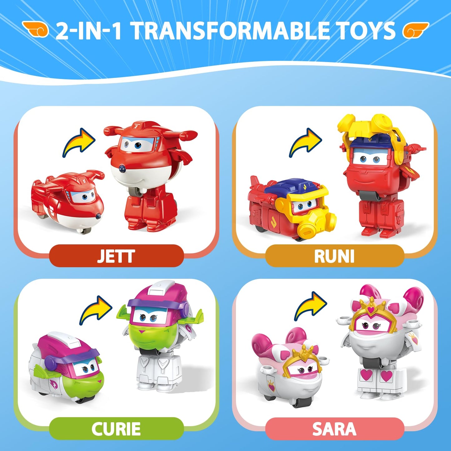 Super Wings 2" Transform-a-Bots 4-Pack, Supercharged Jett, Curie, Runi, Sara, Airplane Toys Vehicle Mini Figures, Fun Toys for Kids, Transformable Toy for 3 4 5 Year Old Boys and Girls