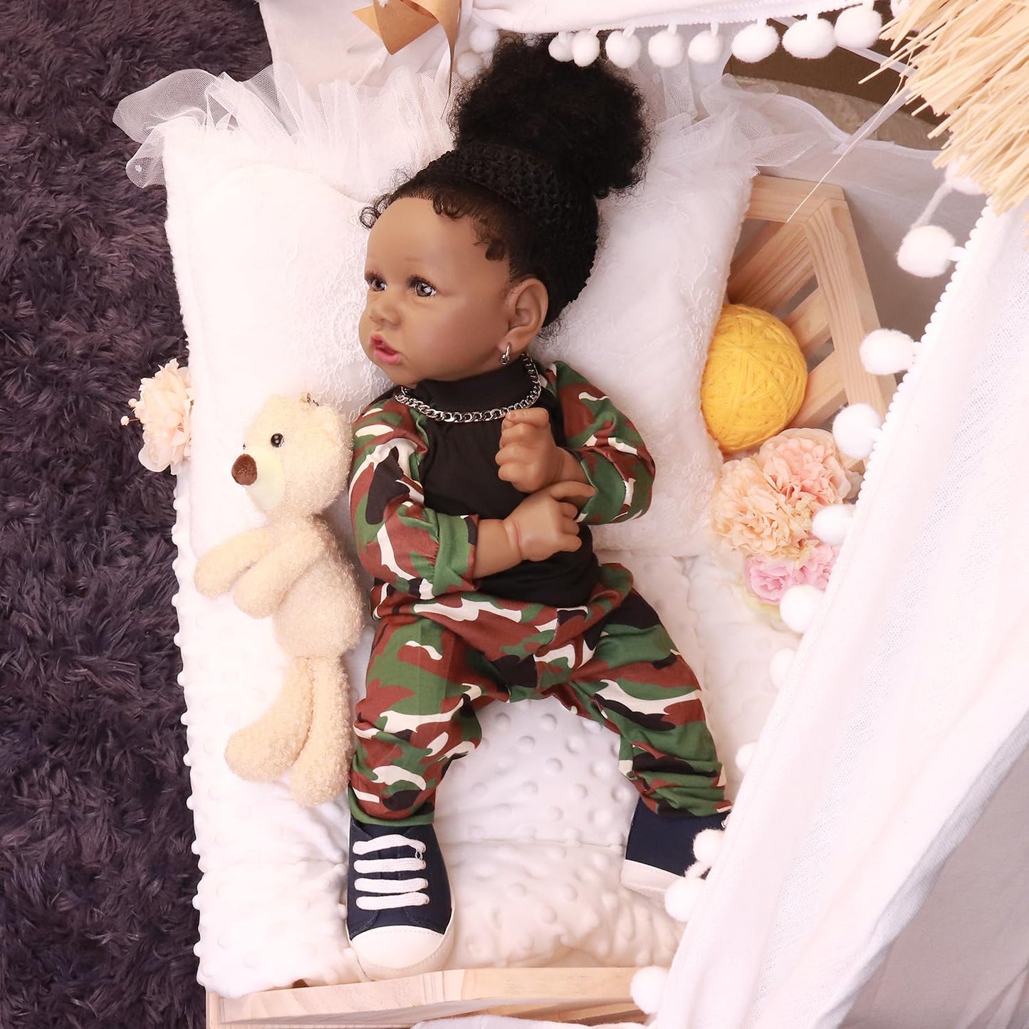 HOOMAI Lifelike Reborn Baby Dolls with Soft Body African American Realistic Girl Doll 22.8 Inch Best Birthday Gift Set