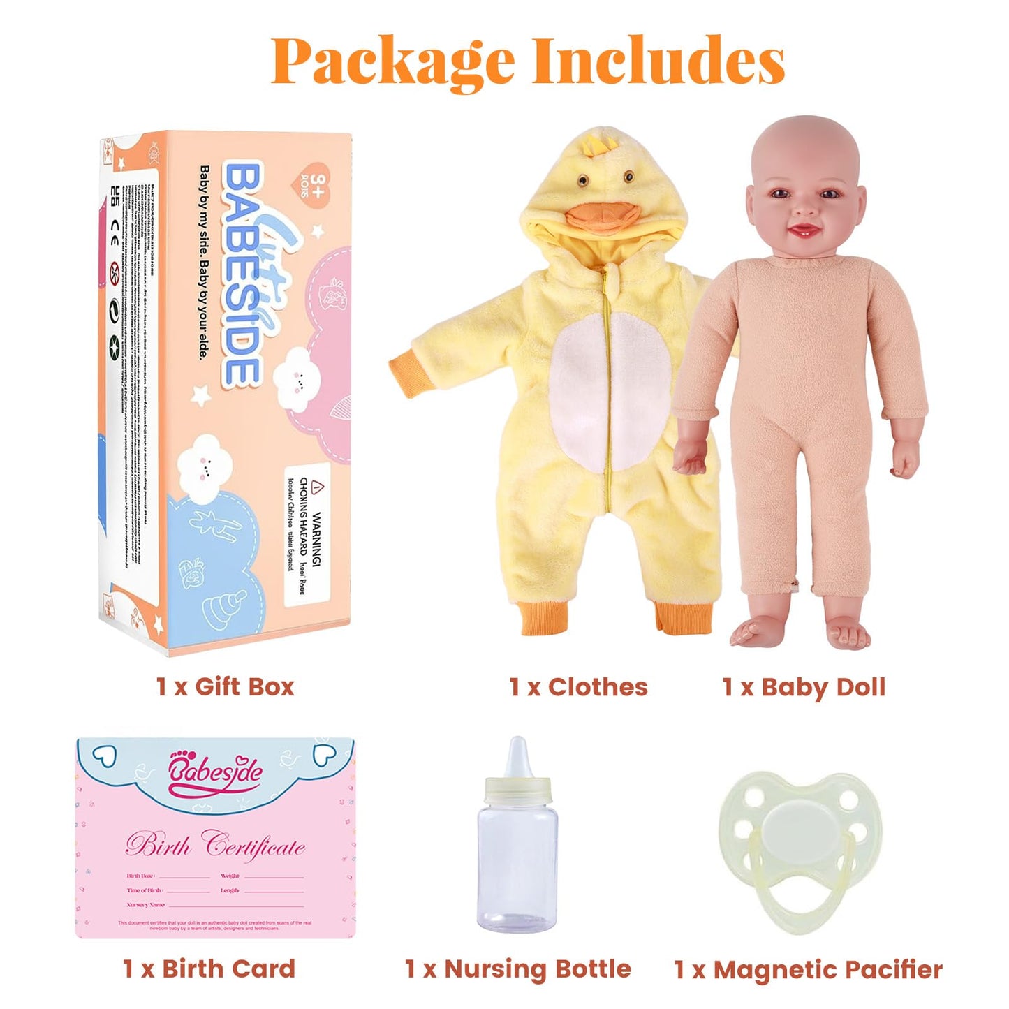 BABESIDE Lightweight Baby Doll Set – 15" Realistic Soft Doll for Girls, Easy to Carry & Hug – Pretend Play & Gift