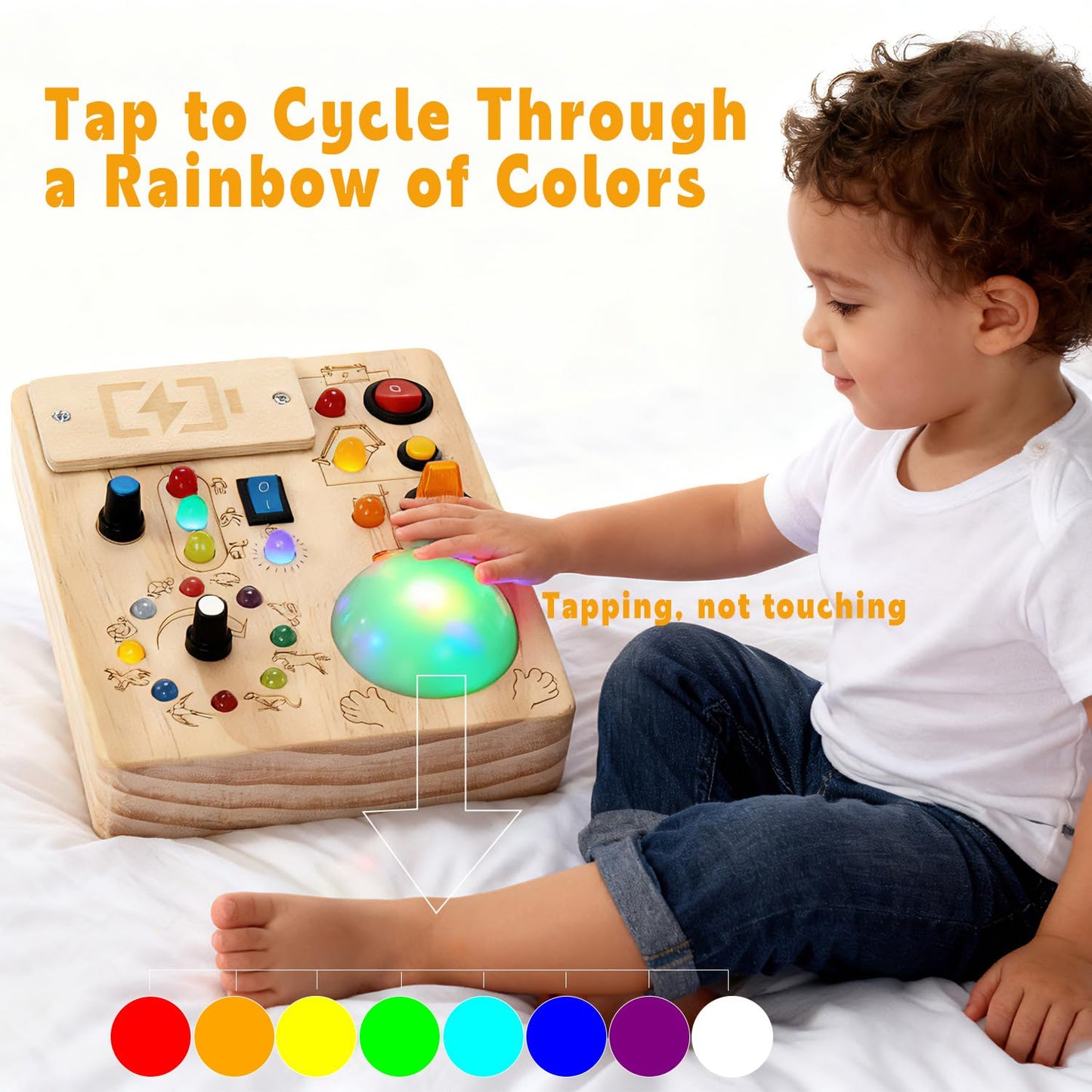 Toddler Busy Board ,Montessori Toy with Tap Light ,6.9"x5.9" Wooden Busy Board with LED Traffic Light for Kids , Travel Sensory Toys for 1+ Year Old baby Christmas/Birthday Gift(Battery Not Included)
