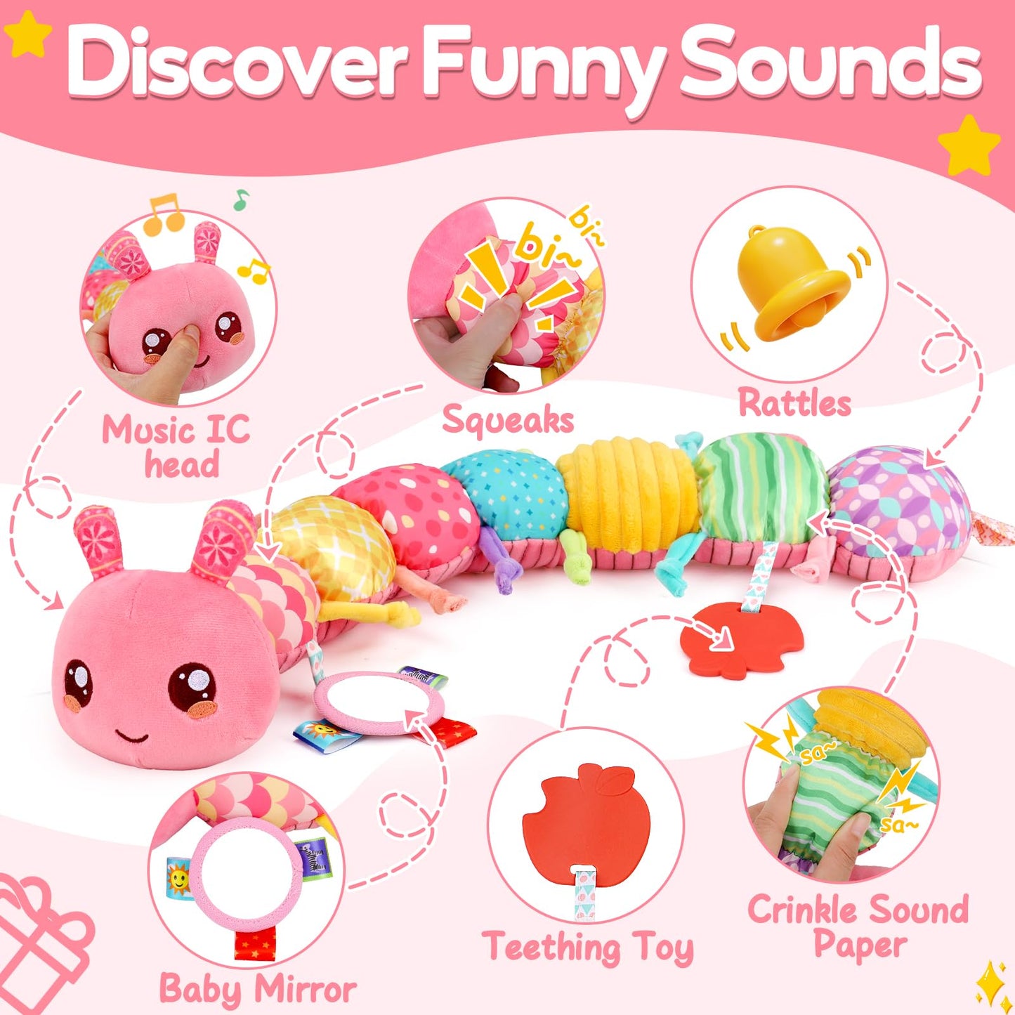 Thremhoo Baby Girls Toys 0-6 Month Music Animal Stuffed Caterpillar Toy & Soft Beehive with 5 Stuffed Animals, Rattle, Crinkle, Mirror, Montessori Sensory Toys