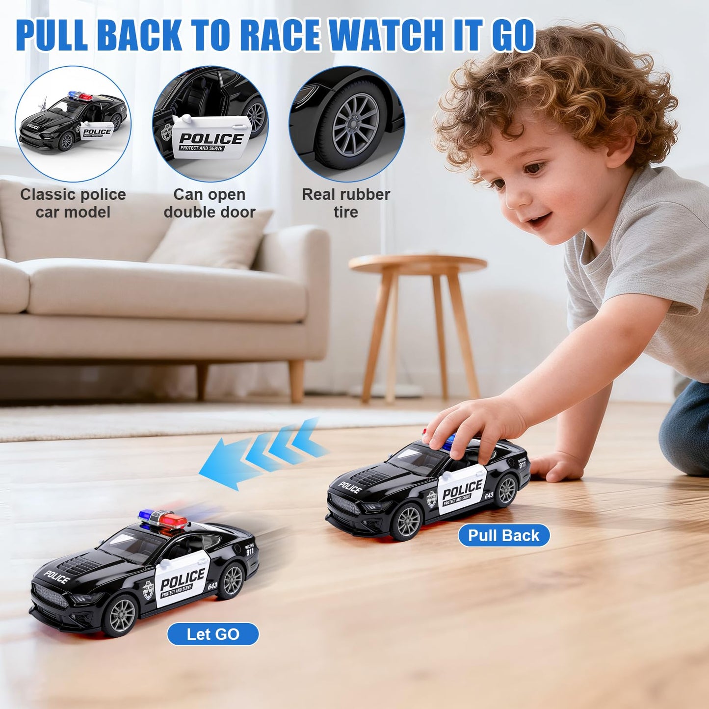 1/36 Metal Diecast Police Car Toy Set,4 Pack Police Pull Back Toy Cars with 3 Opening Doors & 1 Hood Model Boys Cars Toy for Kids Ages 3 4 5 6 7 8 9 10 11 12 Years Old