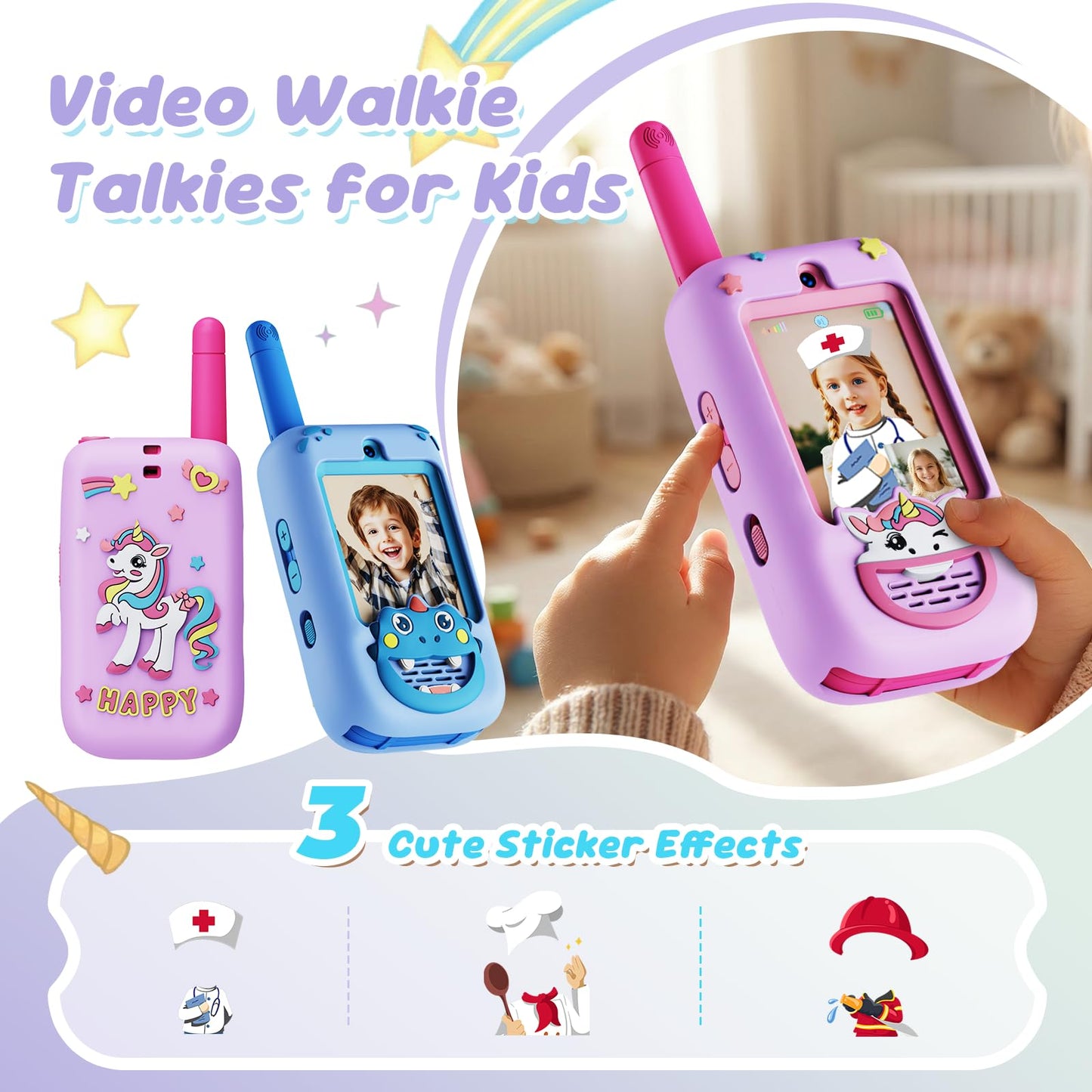 Video Walkie Talkies for Kids, 2 Pack with HD Camera, Long Range Two Way Radio with 4 Voice Effects, Christmas Birthday Gifts for Boys and Girls 3 4 5 6 7 8 9 Year Olds