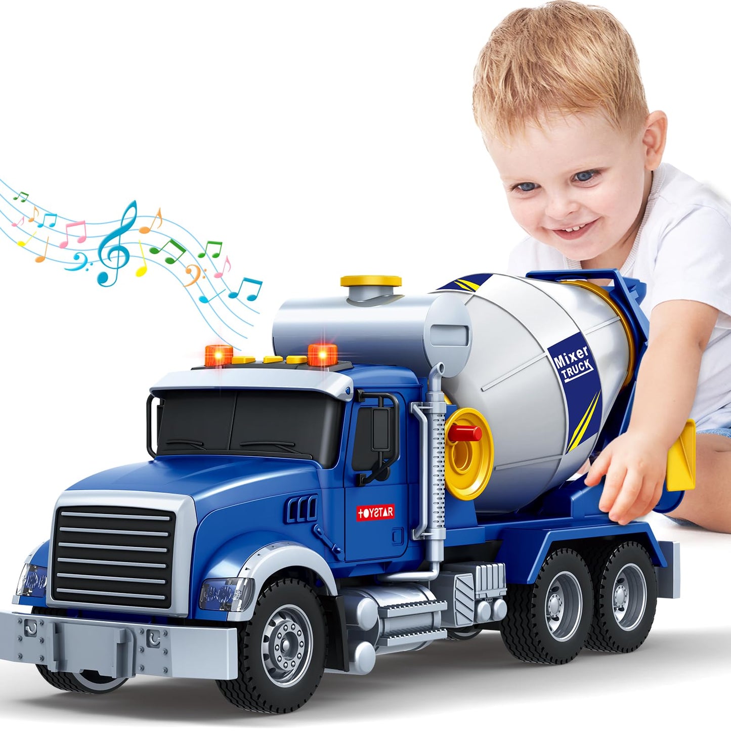 Bstoyder Kids Toys for 3 4 5 6 7 8 Years Old Boys, 15" Large Cement Mixer Truck Toy with Lights, Sounds, Blue Toddler Friction Powered Truck Vehicle Toy for Boys Girls Christmas Birthday Gifts
