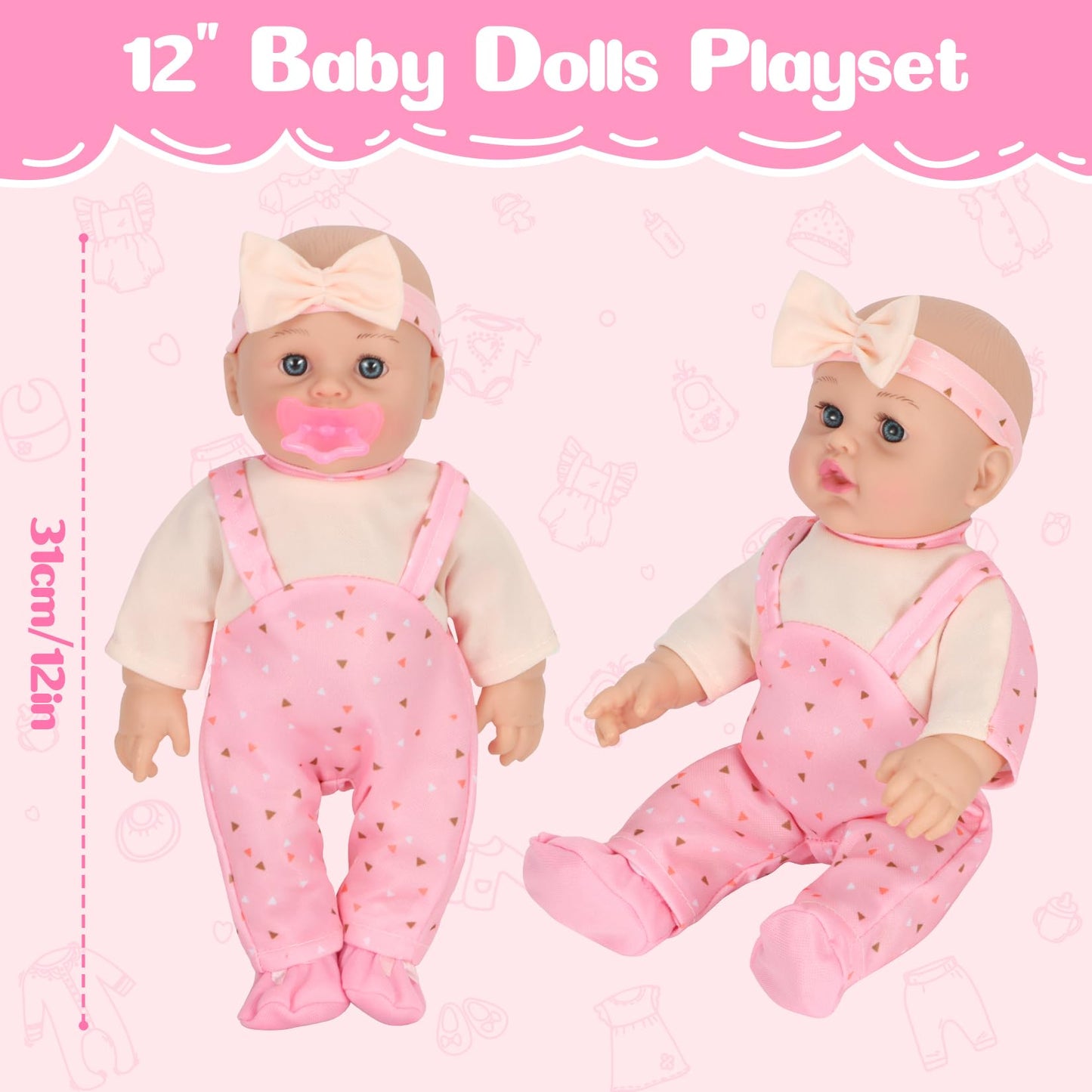 Mastom 12'' Baby Doll Playset with 4 Outfits Backpack, 12 Inch Realistic Baby Dolls with Clothes Backpack and 2 Bottles Bib Quilt Nipple Socks, Pretend Play Baby Doll Gift for Toddlers Girls Age 3+