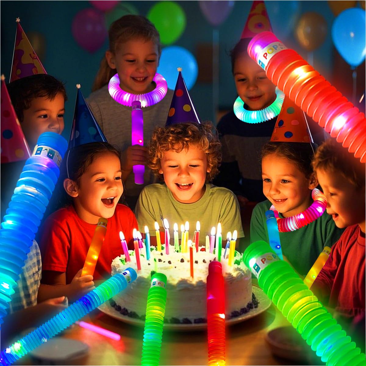 OceanWings 24PC Lights up Pop Tube Set for Kids Adults,Glow Sticks Stretchy Tube Fidget Toys for Classroom Prizes Birthday Concert Hawaii Party Glow in the Dark Party Supplies Favor for Boy Girl 8-12