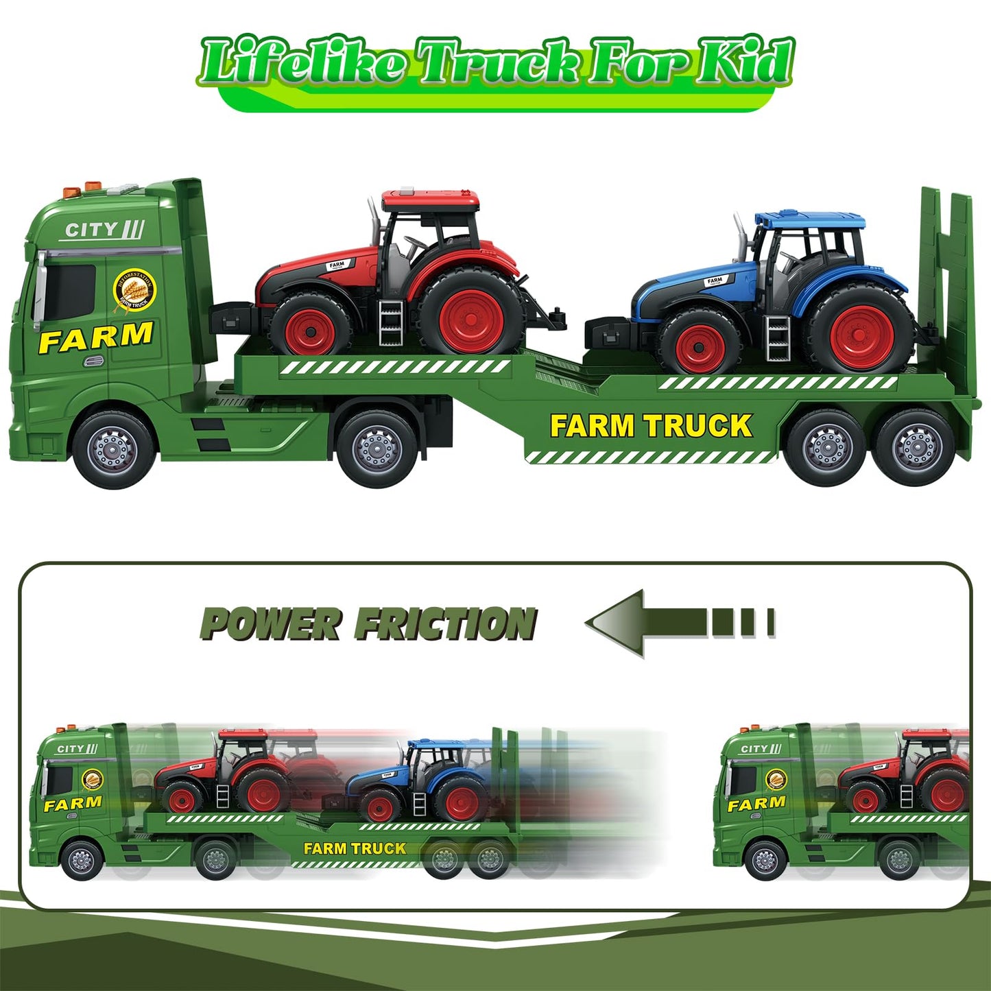 lonfypeng 3-in-1 Farm Truck Toys for Kids Ages 3-6 – 25.6 Inch Extra-Large Inertia Semi Trailer with Lights & Sounds, Detachable Tractor and Light & Sound Farm Vehicle