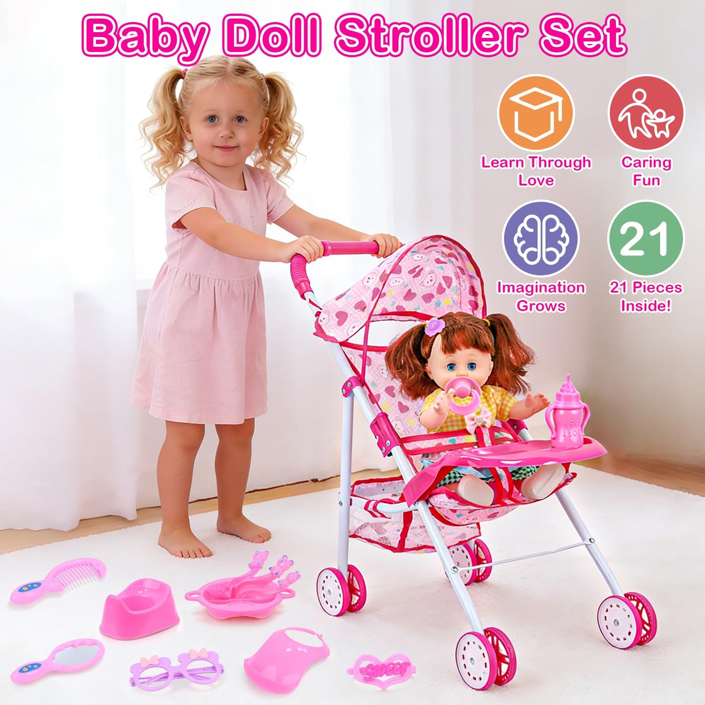 Learn2M Baby Doll Stroller Toy Set with Open & Close Eyes Interactive Doll (4 Sounds), Foldable Doll Stroller with Feeding Tray & Diaper Bag, 21 Pcs Accessories Pretend Play Toy for Toddlers 3-5