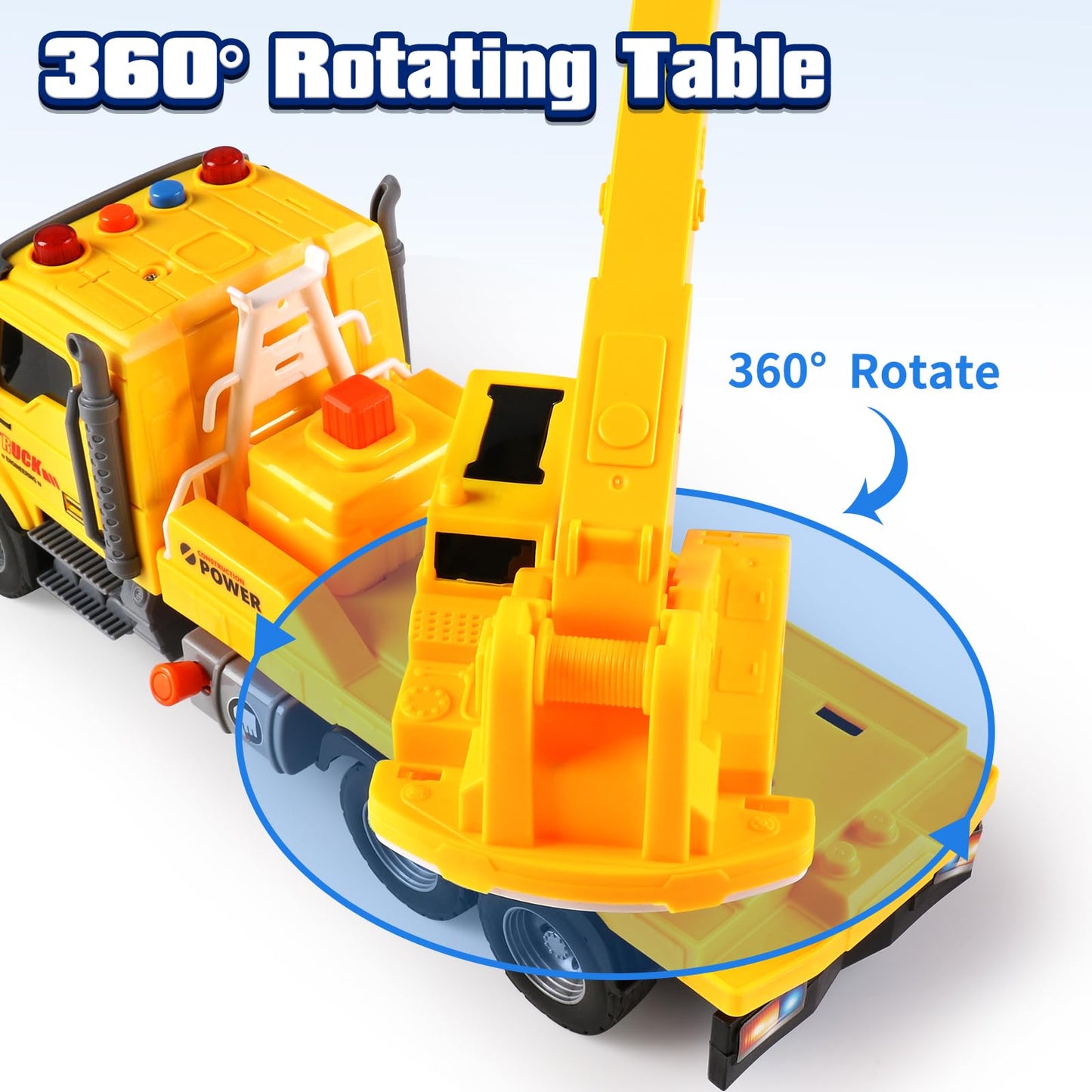 DWIRCTOYS Crane Truck Toy for Kids Ages 3-7, Kids Toys Friction Powered Construction Vehicle with Extendable Arm, Rotating Crane, Lights and Sounds Birthday Gifts for Boys Girls