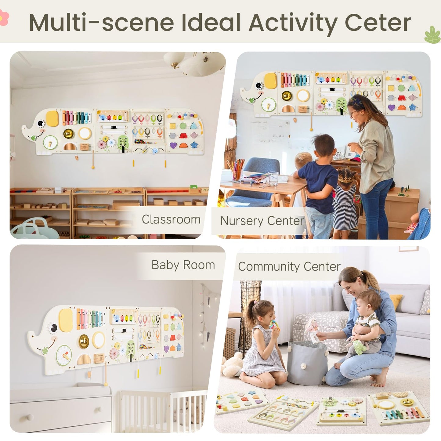 Elephant Activity Wall Busy Board Panels,Wooden Montessori Learning Activity Center Sensory Toys Wooden Sensory Wall Panel for Kids Ideal Furniture for Playroom Daycare Dentist Waiting Room Nursery