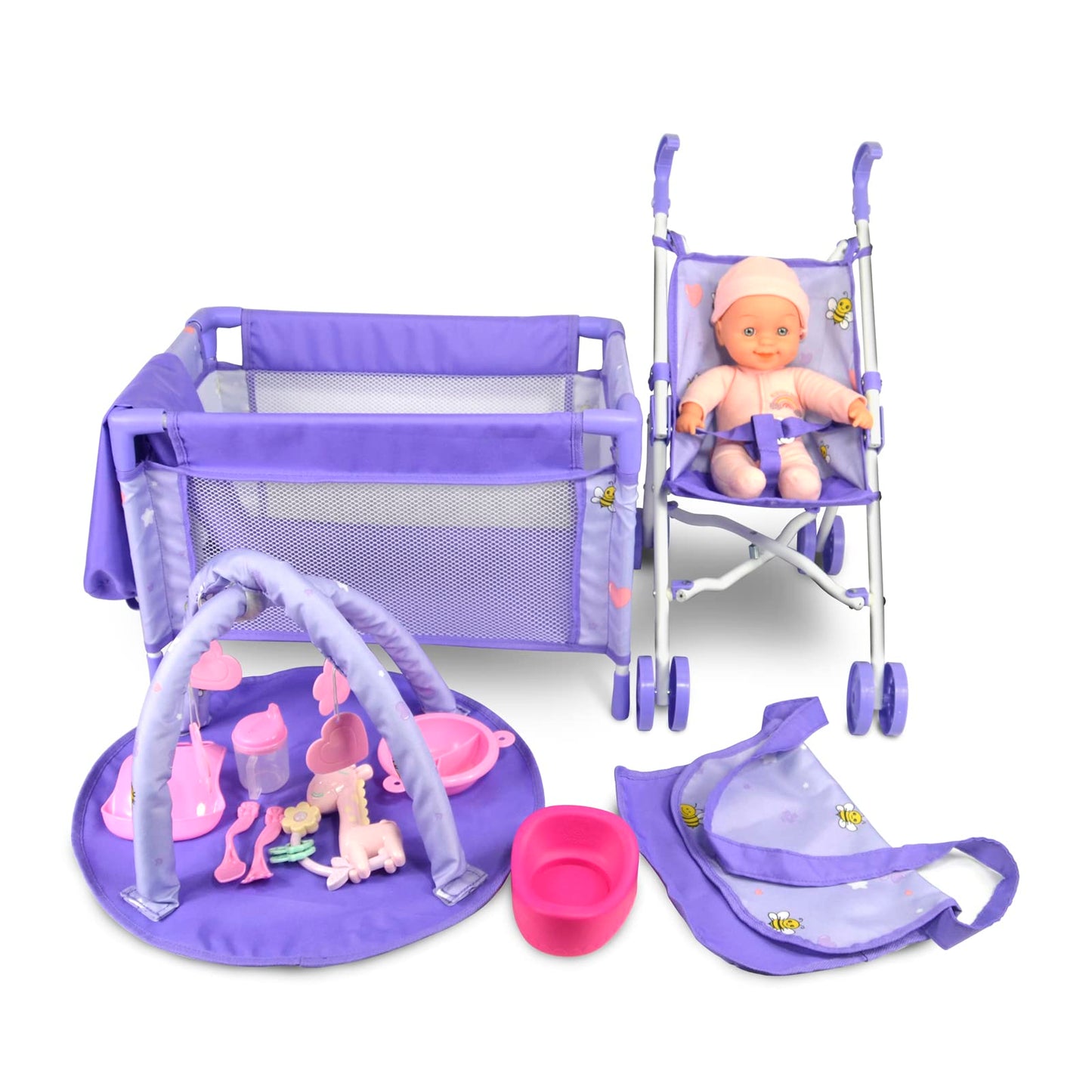 ANIVIA Baby Doll Stroller Set - Includes Stroller, Crib, Play Mat, Feeding Toy, Diaper Bag - Nursery Role Play Set (11" Doll Included)