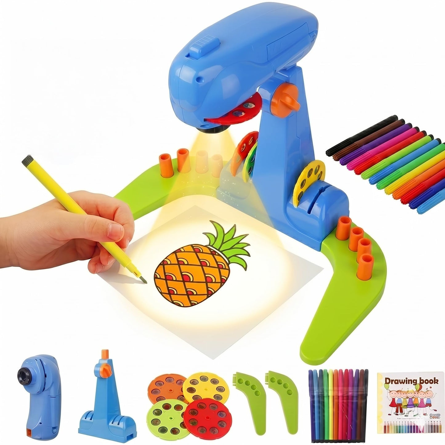 LEERFEI Drawing Projector for Kids–Adjustable Preschool Art Tracing Kit, 4 Discs (32 Diverse Cartoon Patterns), 12 Watercolor pens & 1 Paper Pad. Play-Based Learning Toy for Boys & Girls Ages 3+