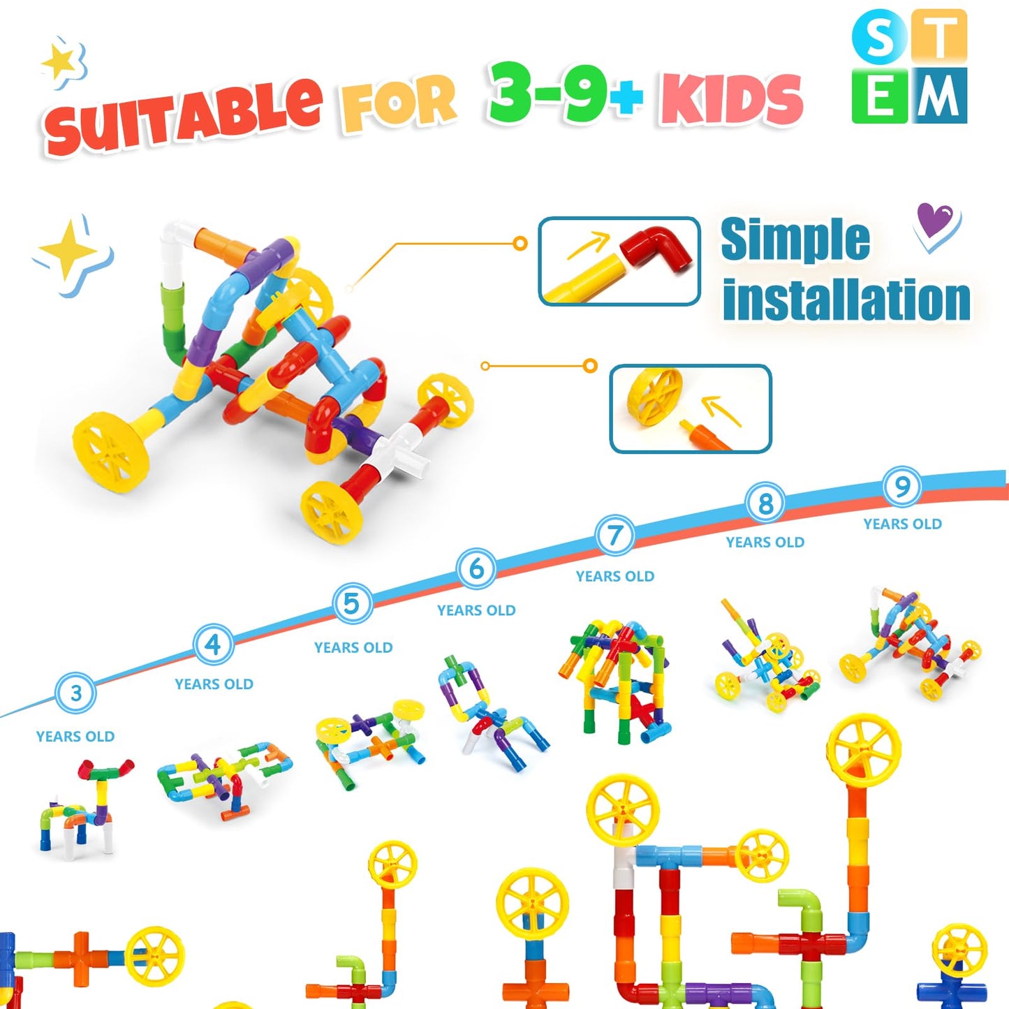 Ggiibro STEM Building Toy for Toddlers 106Pieces Tube Pipe Toy,Educational Preschool Game for 3+ Years,Learning Building Blocks Play with Storage Box Gift Kit,Montessori Toys for Boys & Girls