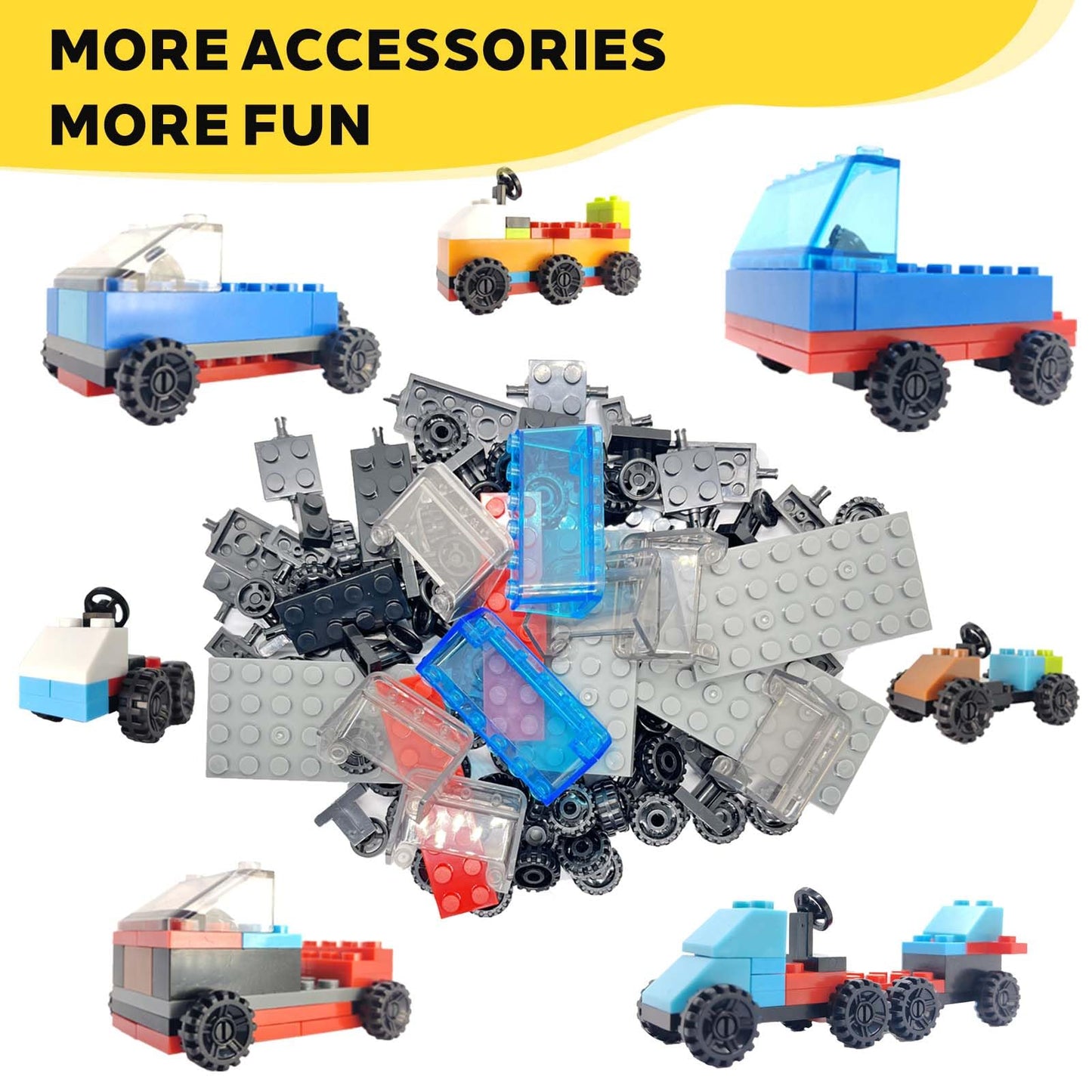 Jodicody 1100 Pieces Building Bricks, Classic Bulk Building Blocks for Kids with Wheels and Axles Sets, Steering Wheels, Windshield, Compatible with All Major Brands, Gifts for Boys Girls Age 6+