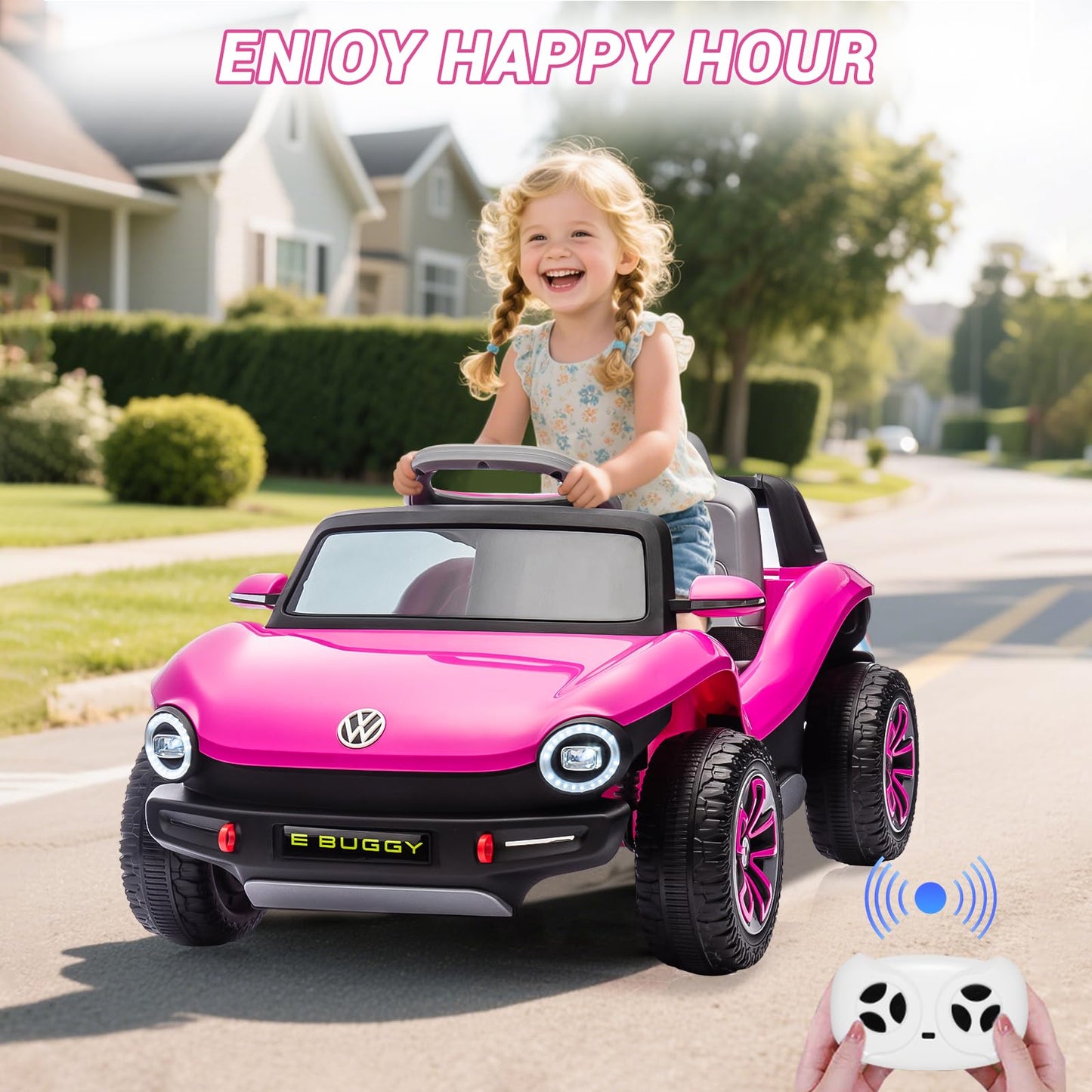 GarveeLife 12V Kids Ride On Car Licensed Volkswagen Beetle Electric Ride On Toy for Toddlers 4 Wheeler Vehicle with Parental Remote, Battery Level Display, LED Lights, USB, Horn, Music, Pink